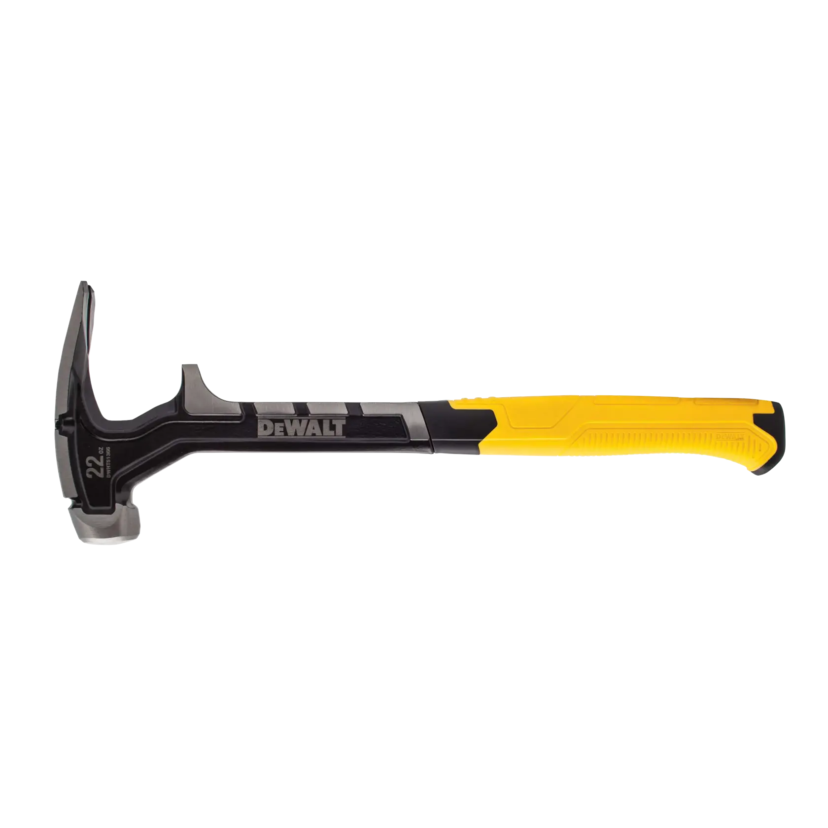 A DEWALT claw hammer with a black and yellow handle and a metal head, shown on a white background.