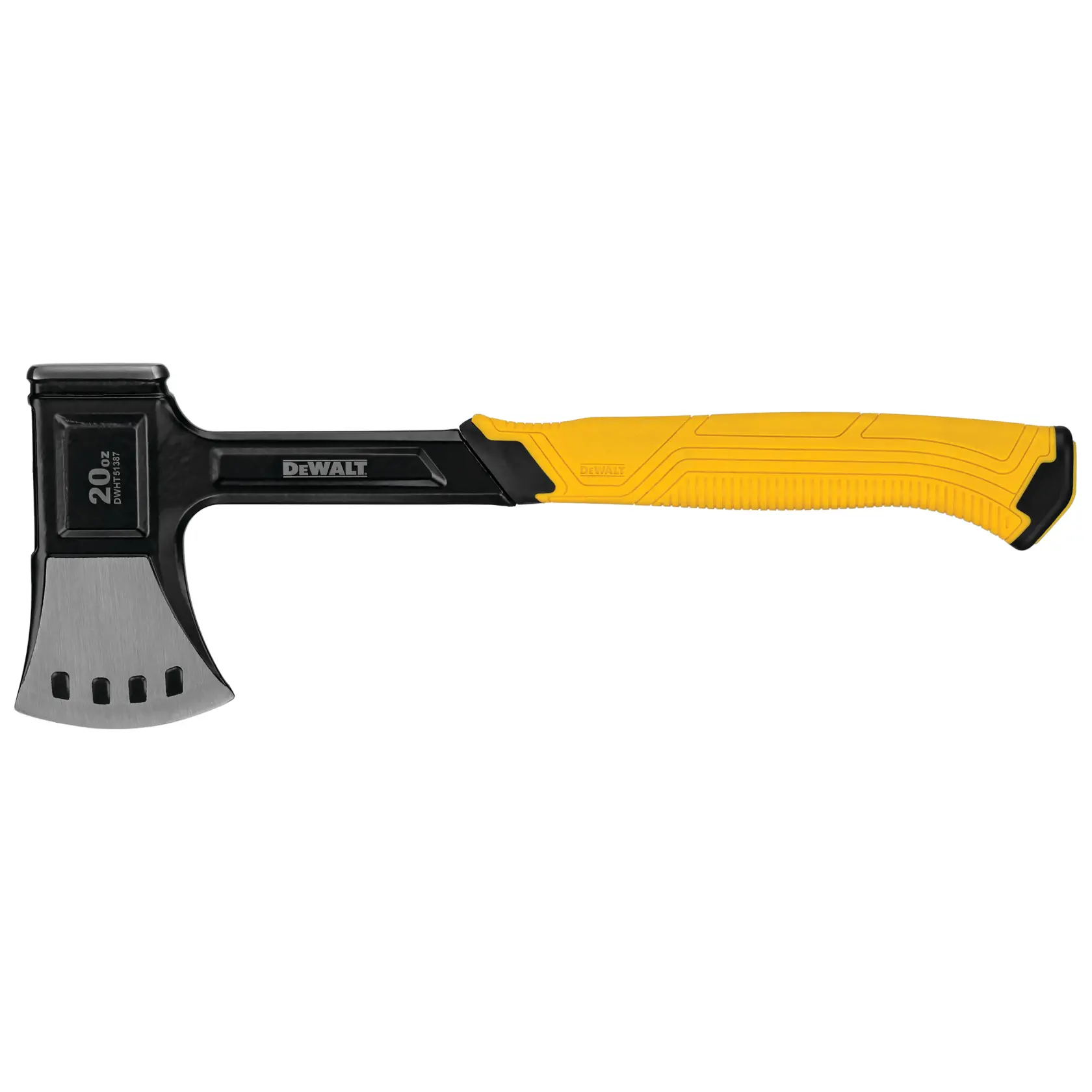 DEWALT axe with a black head and yellow ergonomic handle, 20 oz, designed for striking and cutting tasks.