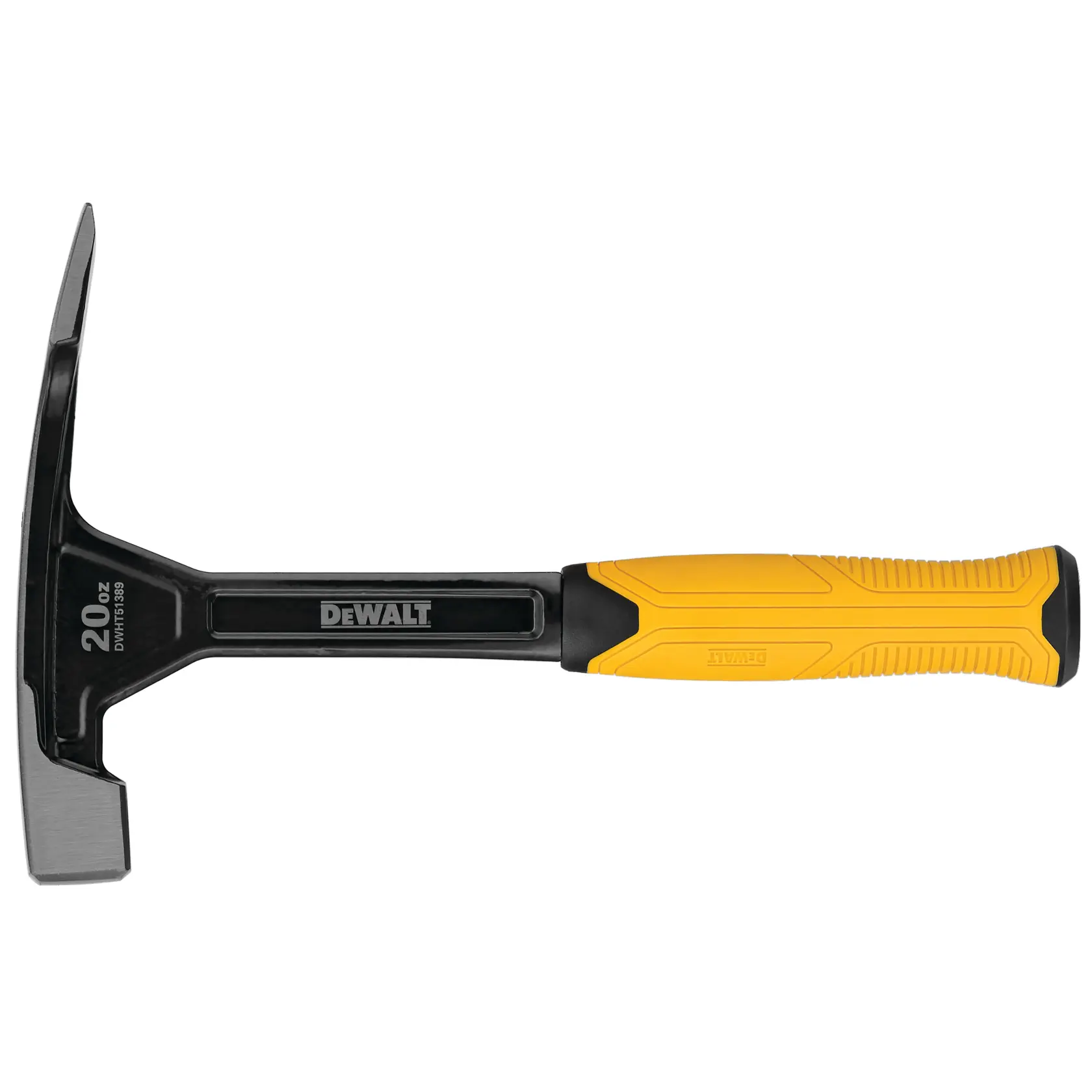 A DEWALT 20 oz hammer with a yellow and black ergonomic handle. The model number DWHT51389 is visible on the head, and the design is suitable for construction or carpentry tasks.