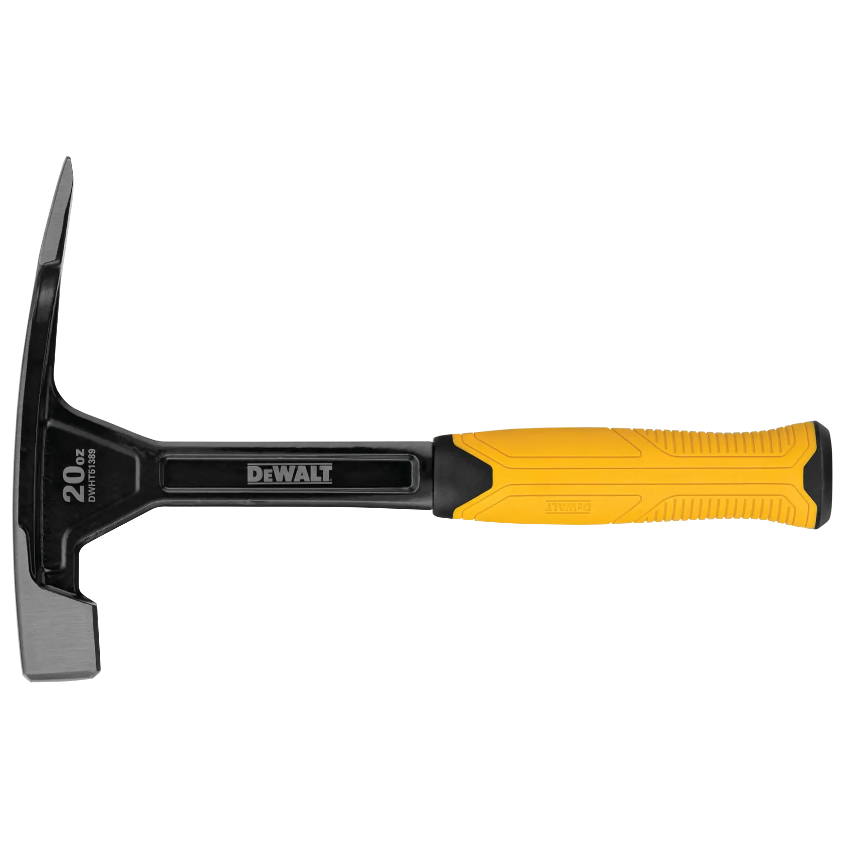 A DEWALT 20 oz hammer with a yellow and black ergonomic handle. The model number DWHT51389 is visible on the head, and the design is suitable for construction or carpentry tasks.