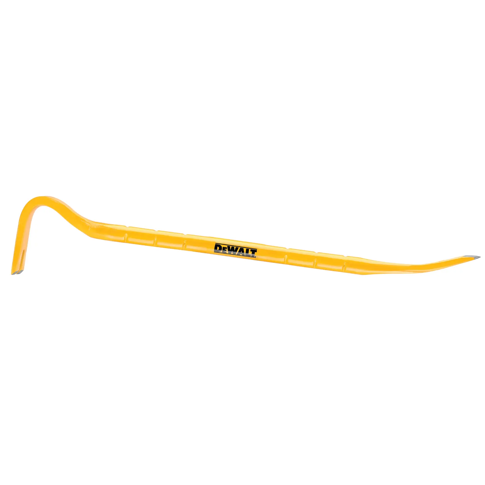 Yellow DEWALT pry bar with angled ends for demolition and removal tasks, shown on a white background.