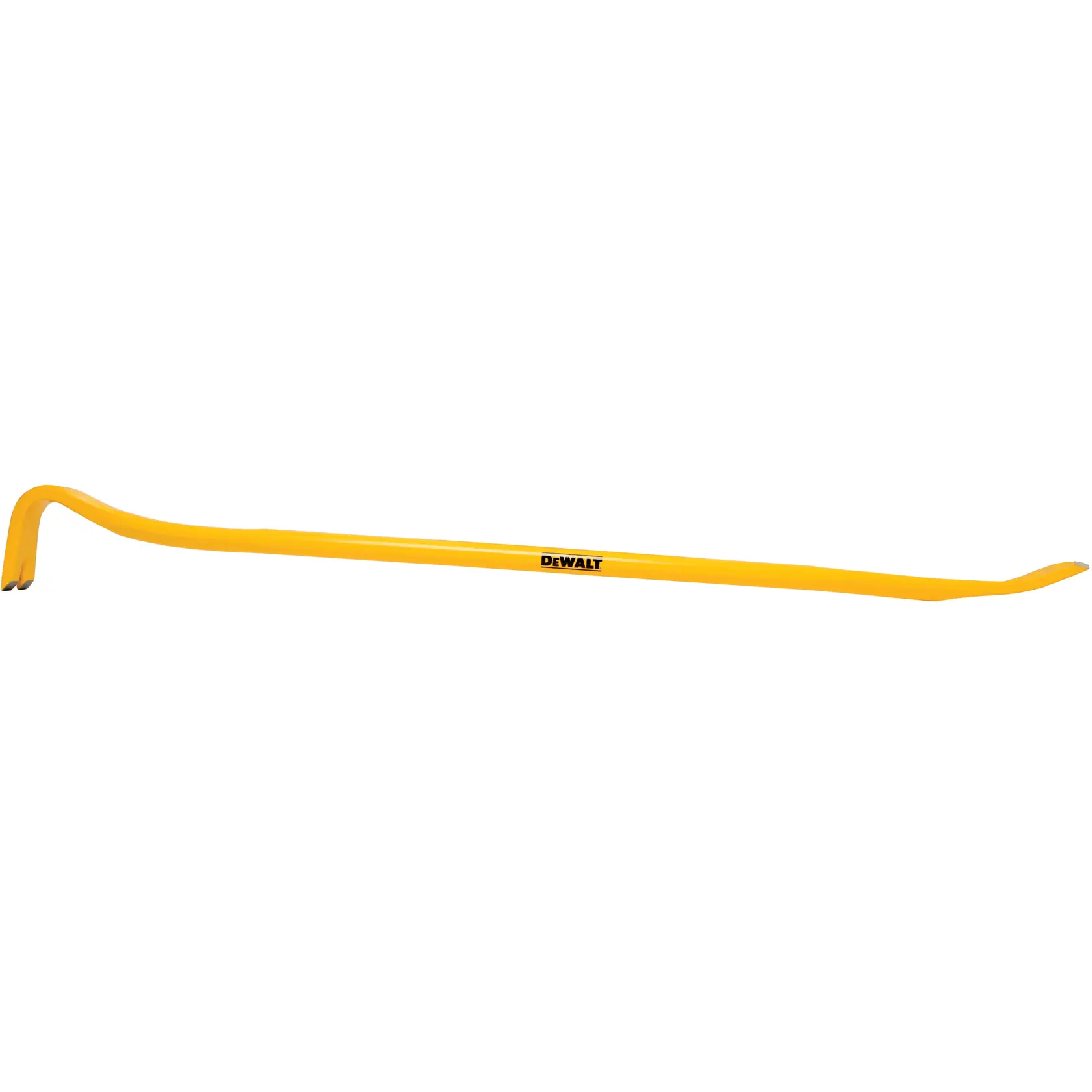 A yellow DEWALT brand wrecking bar with a flat and angled end, used for demolition and prying tasks.