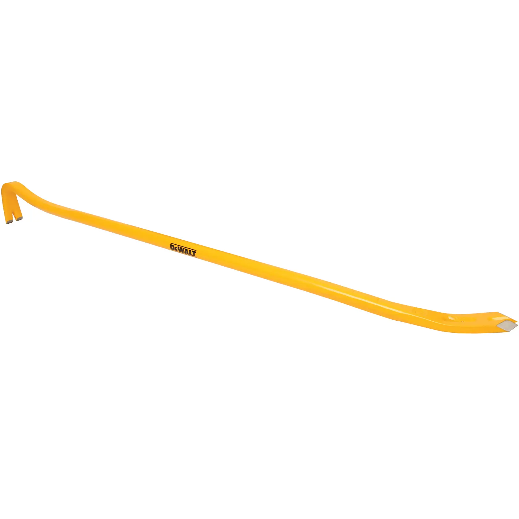 A yellow DEWALT brand wrecking bar with a flat and angled end, used for demolition and prying tasks.