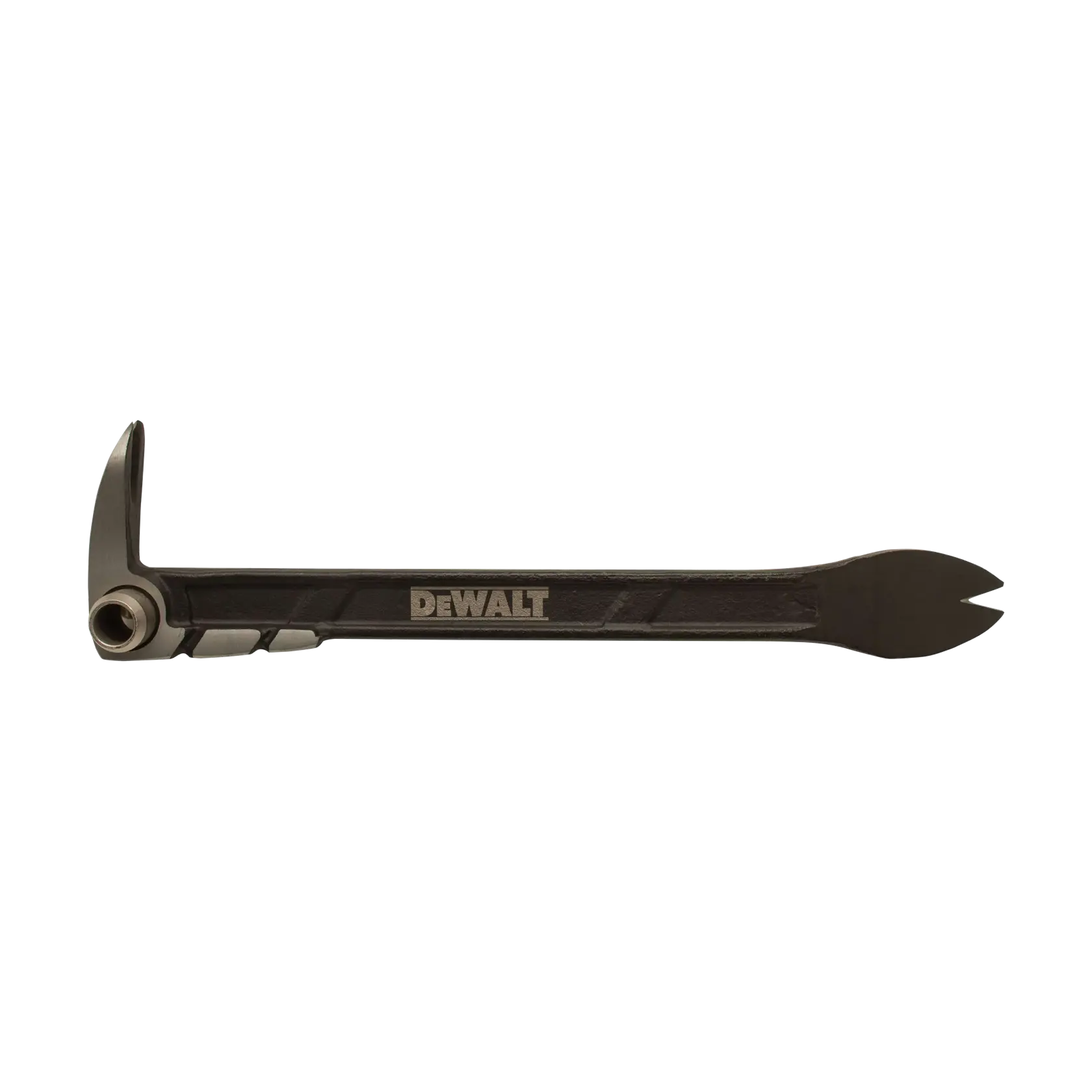 A DEWALT demolition bar, featuring a flat prying end and a curved claw, designed for heavy-duty demolition and prying tasks.
