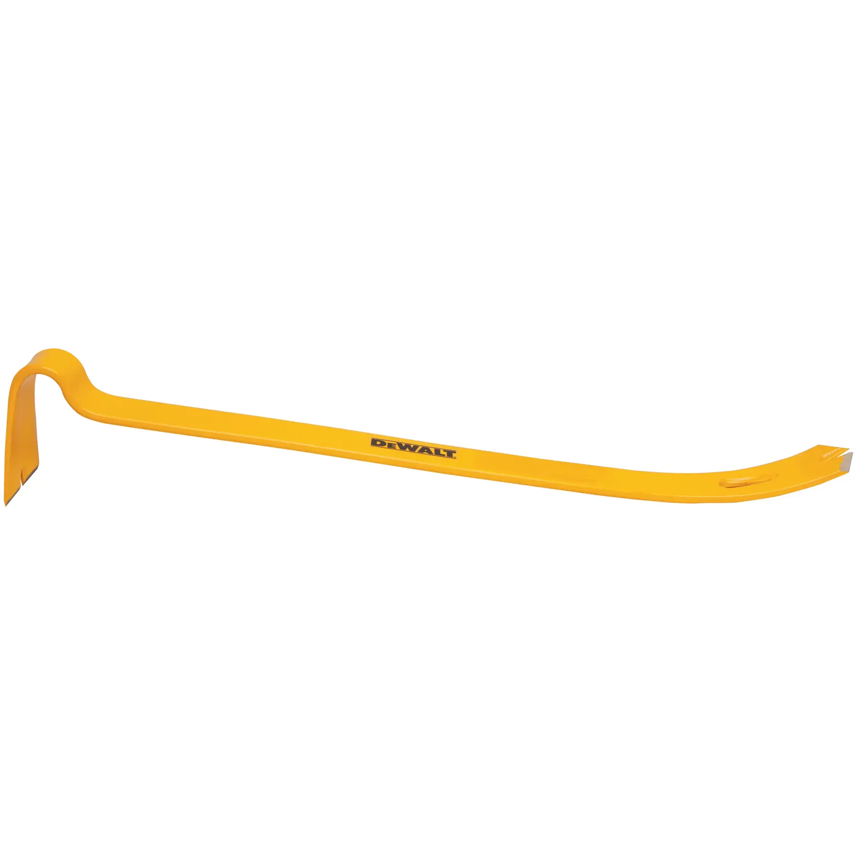 A yellow DEWALT branded pry bar with a curved end and a flat claw, designed for demolition and prying tasks.