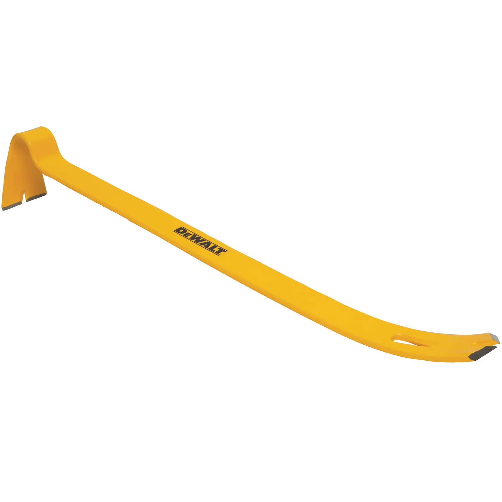 A yellow DEWALT branded pry bar with a curved end and a flat claw, designed for demolition and prying tasks.