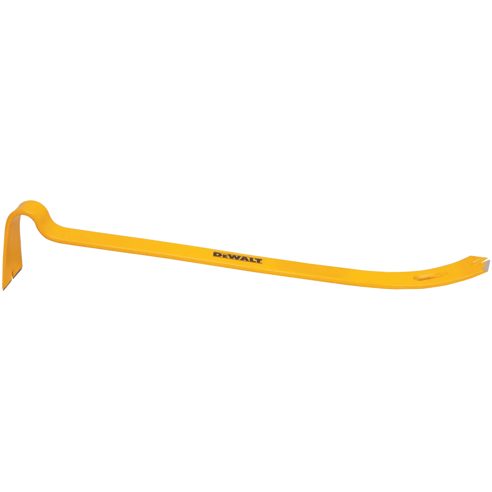 A yellow DEWALT branded pry bar with a curved end and a flat claw, designed for demolition and prying tasks.