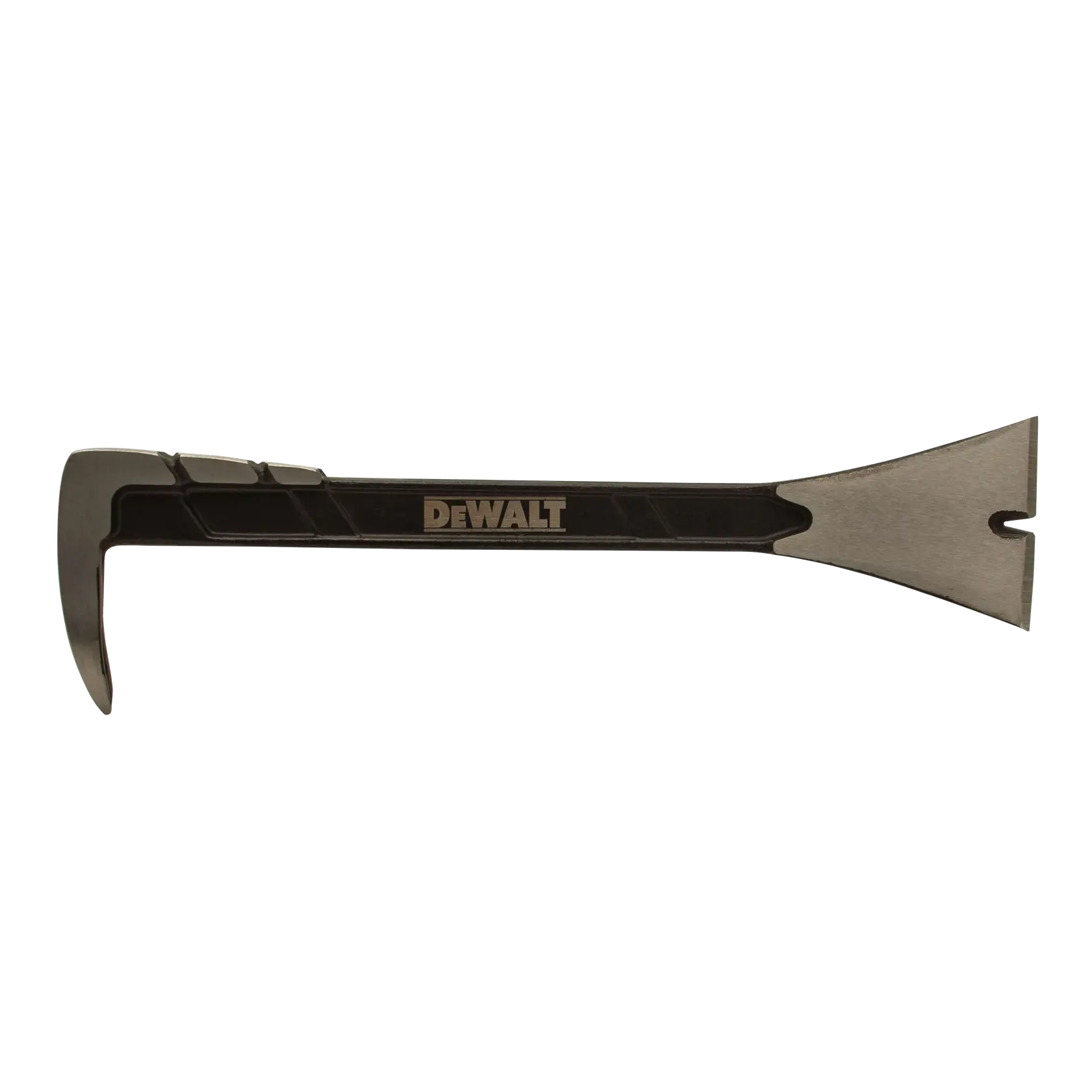 A DEWALT brand demolition bar with a claw on one end and a flat prying blade with a nail slot on the other end, used for construction and demolition tasks.