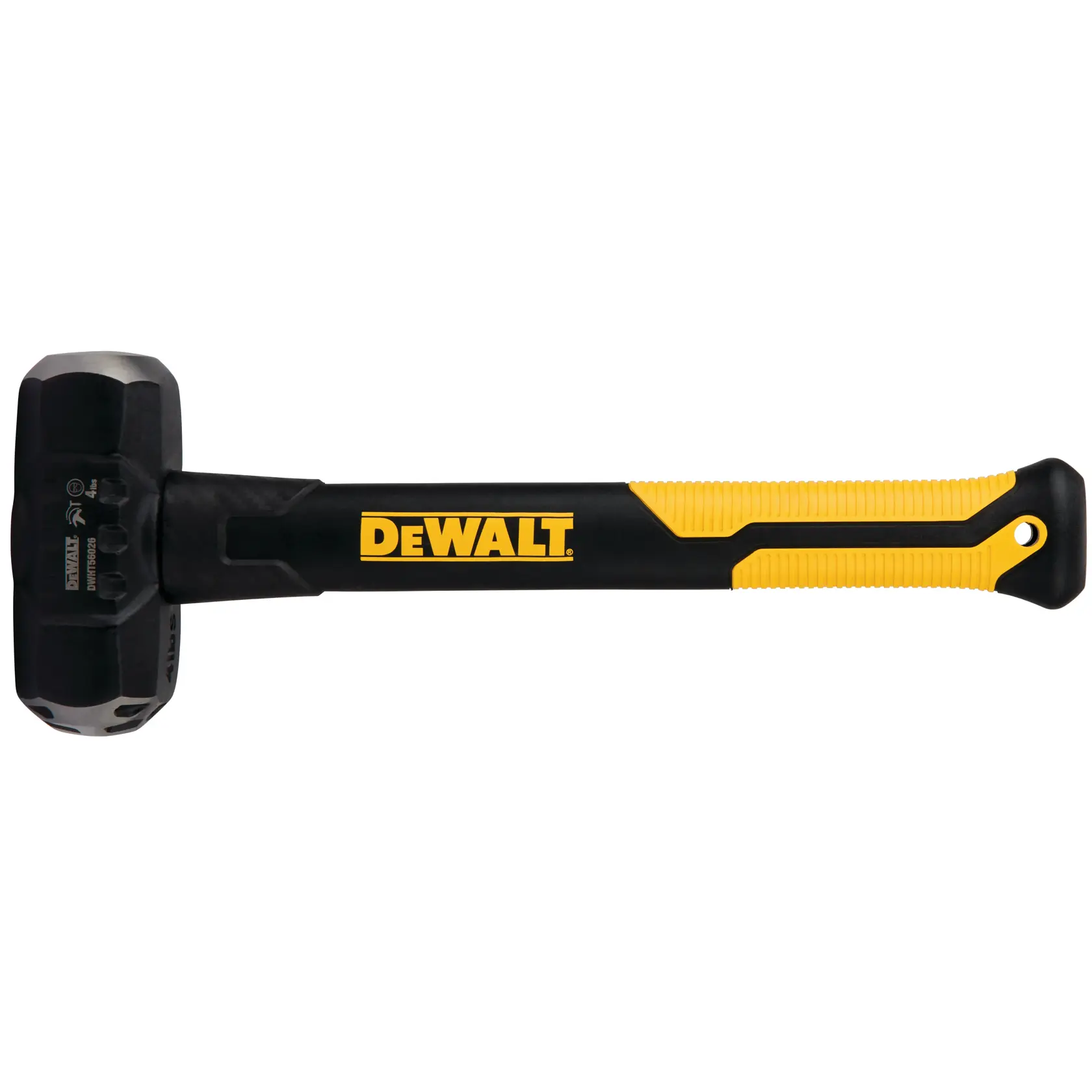 DEWALT sledgehammer with black and yellow handle, heavy-duty head, shown on white background.