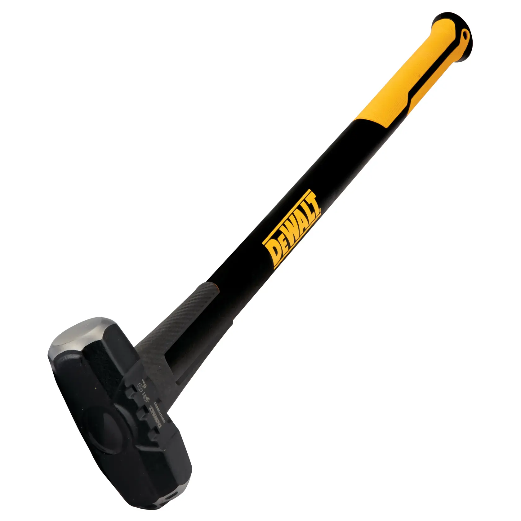 A DEWALT sledgehammer with a black and yellow handle, featuring the DEWALT logo in the middle. The hammer head is solid and robust, designed for heavy-duty use.