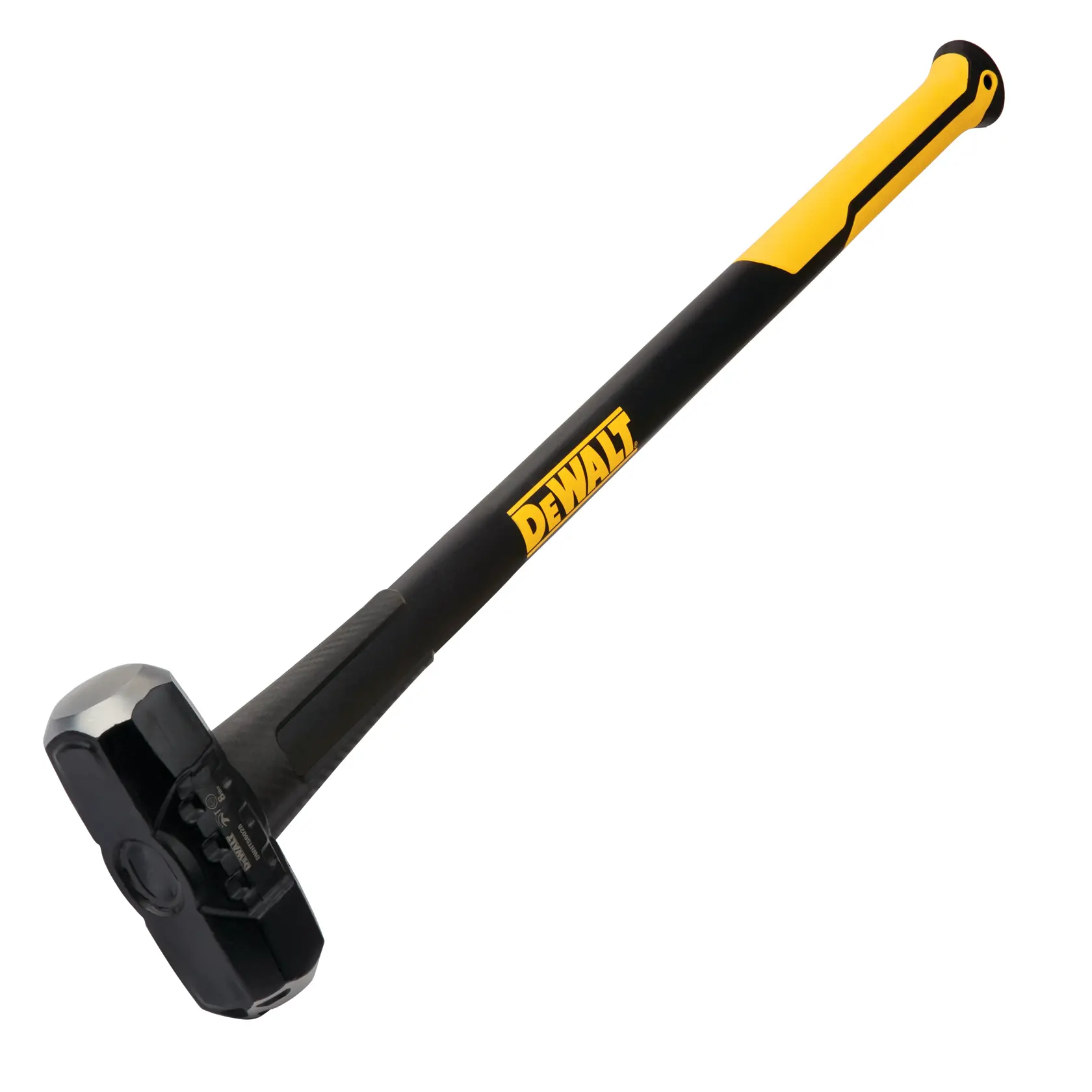 A DEWALT branded sledgehammer featuring a black and yellow handle with a solid metal head.