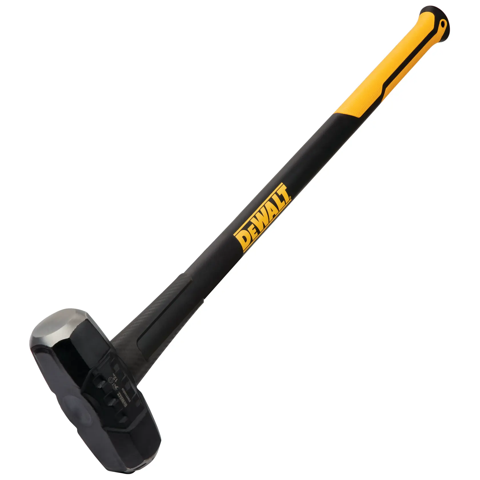 A DEWALT sledgehammer with a black and yellow handle and a large metal head, shown horizontally against a white background.