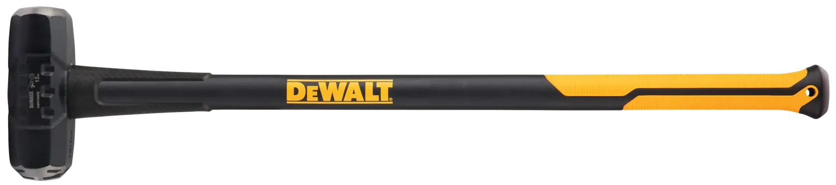 A DEWALT sledgehammer with a black and yellow handle and a large metal head, shown horizontally against a white background.
