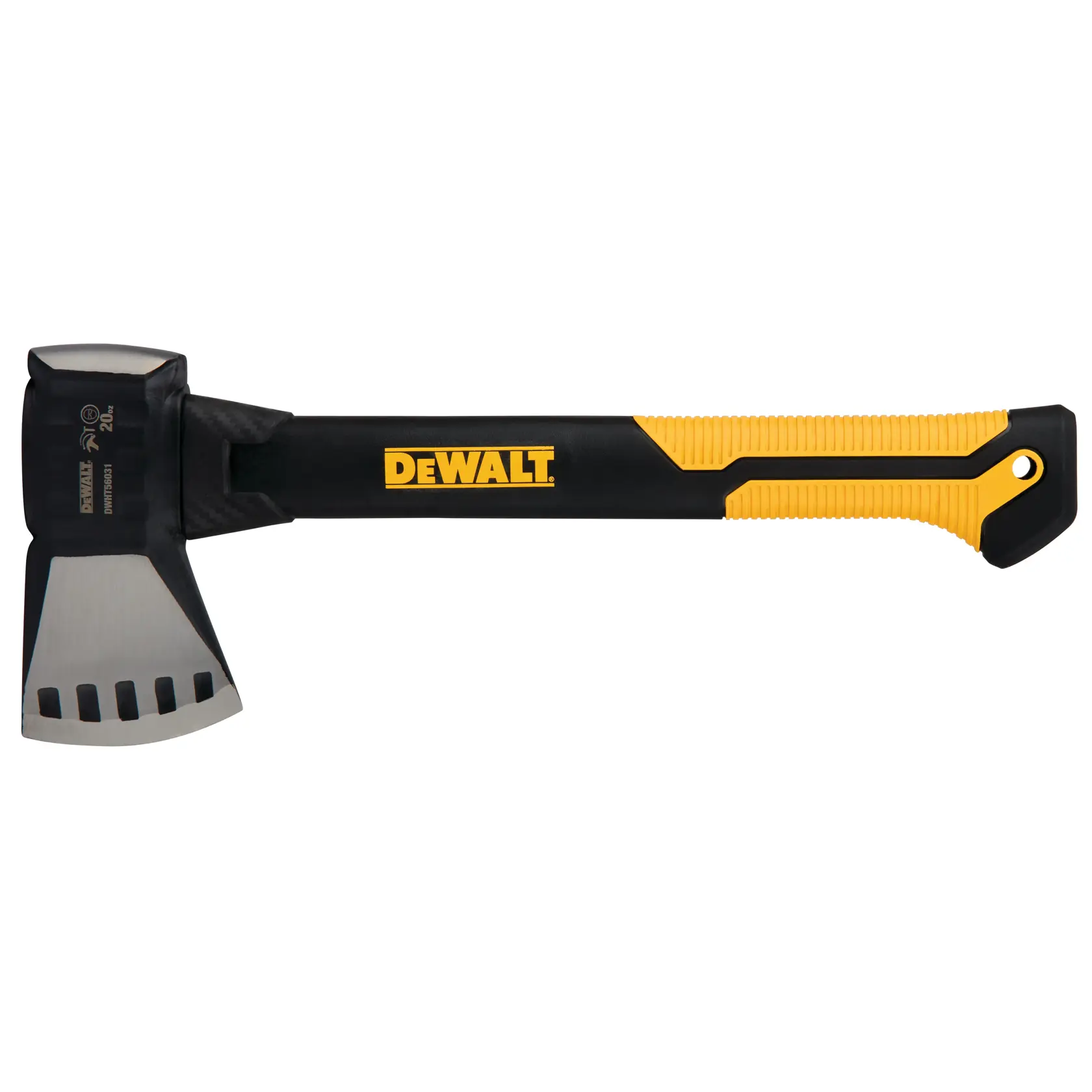 DEWALT-branded axe with a black and yellow handle and a sharp metal blade.
