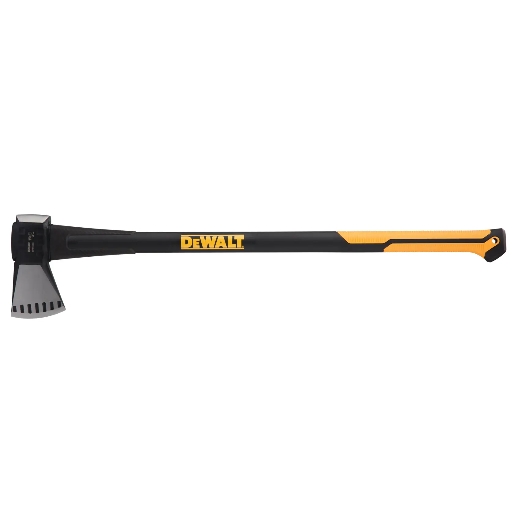 Un'ascia da spacco DEWALT con manico nero e giallo, progettata per lavori pesanti di spacco del legno.