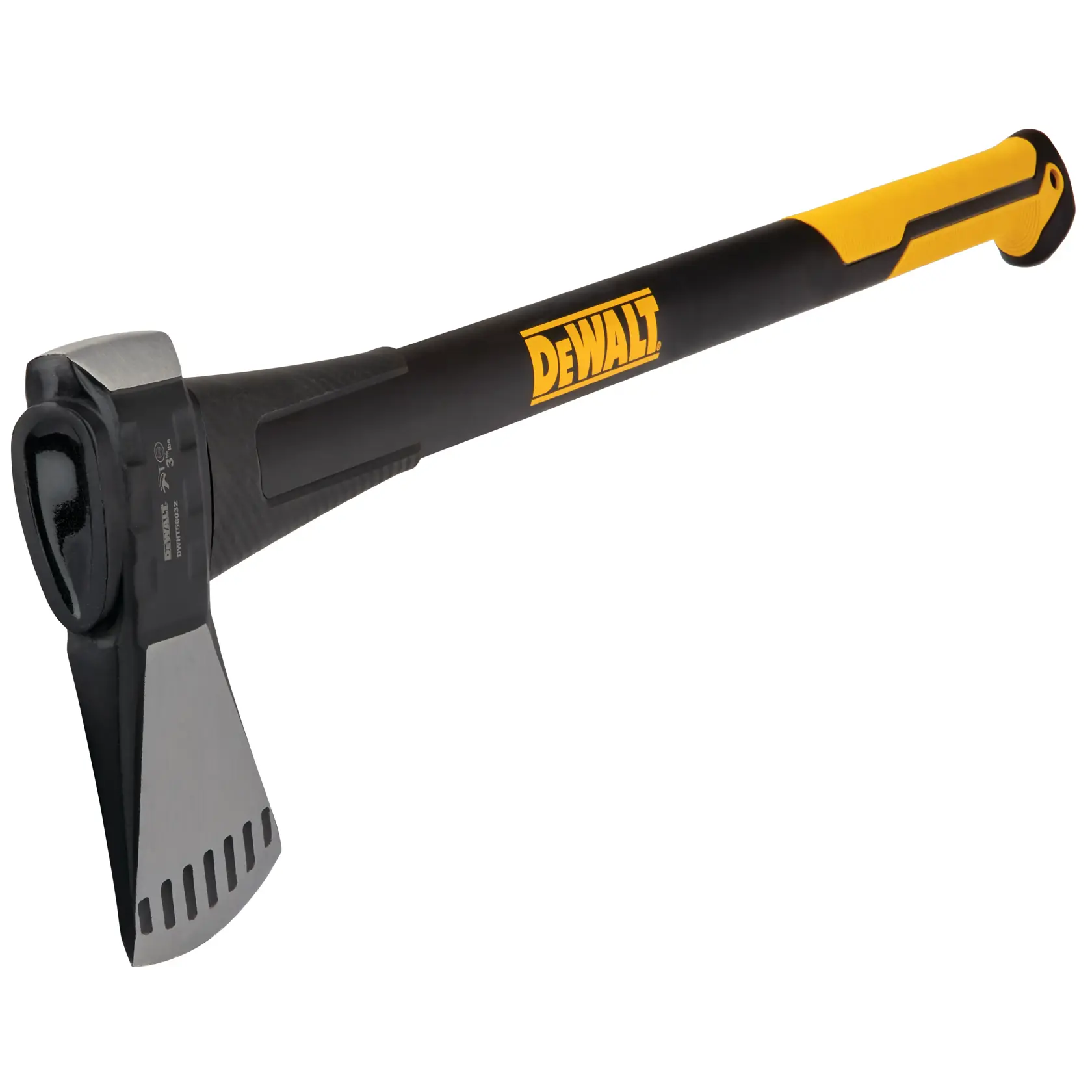A DEWALT splitting axe with a black and yellow handle, designed for heavy-duty wood splitting tasks.