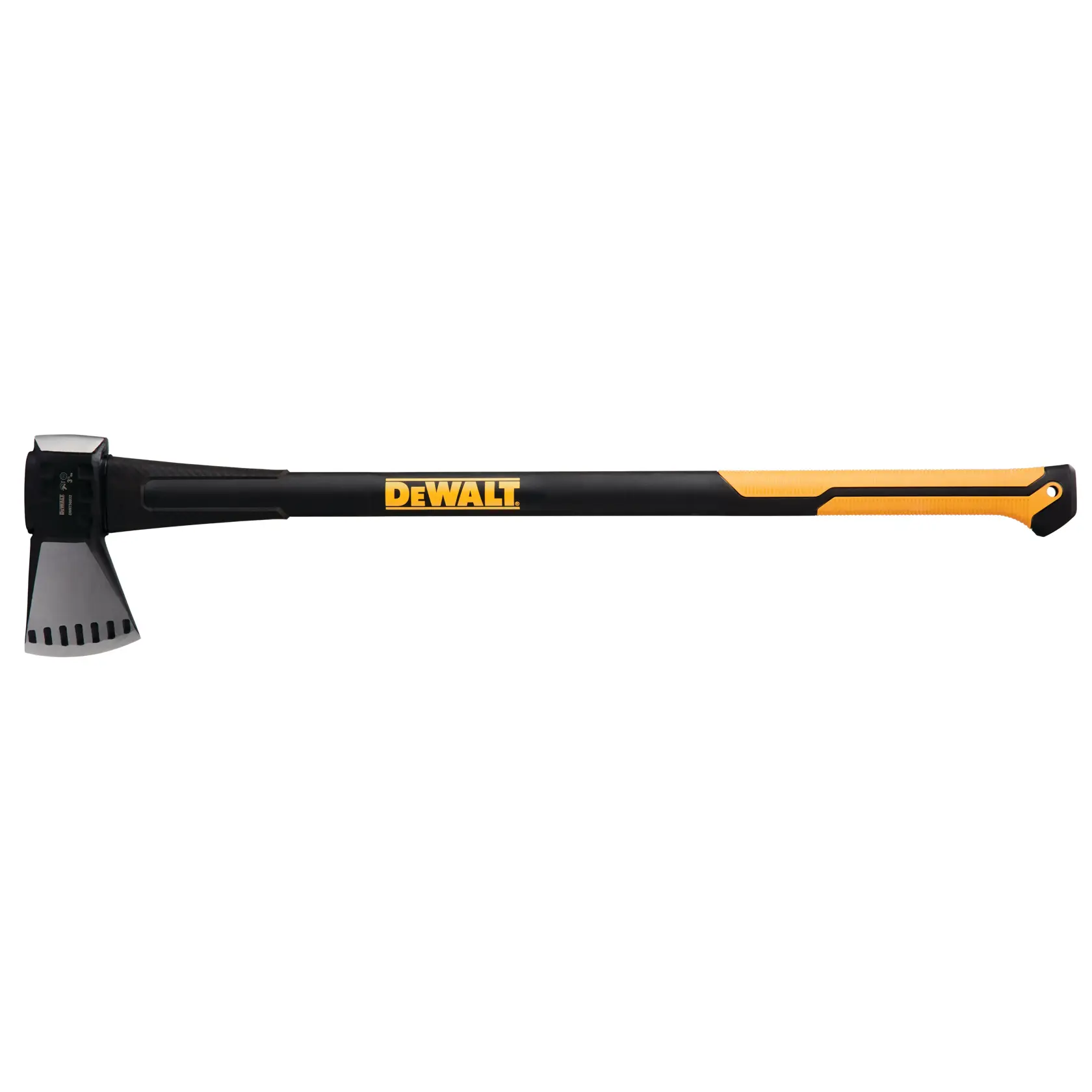 A DEWALT splitting axe with a black and yellow handle, featuring a wide axe head designed for splitting wood.