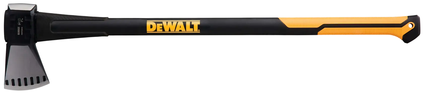 A DEWALT splitting axe with a black and yellow handle, featuring a wide axe head designed for splitting wood.