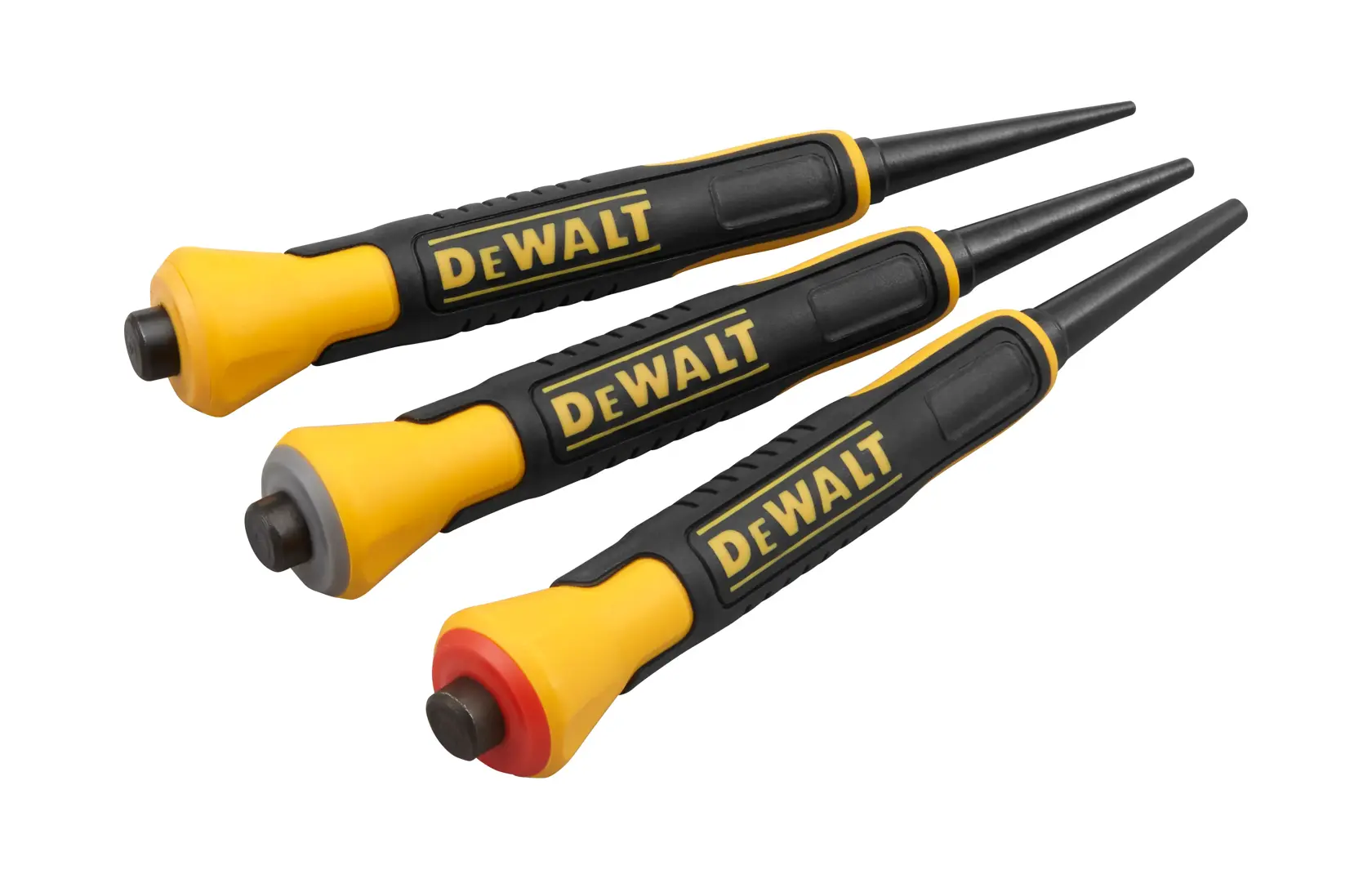 Three DEWALT steel nail punches with yellow and black handles, each with a colored ring at the striking end, arranged side by side on a white background.