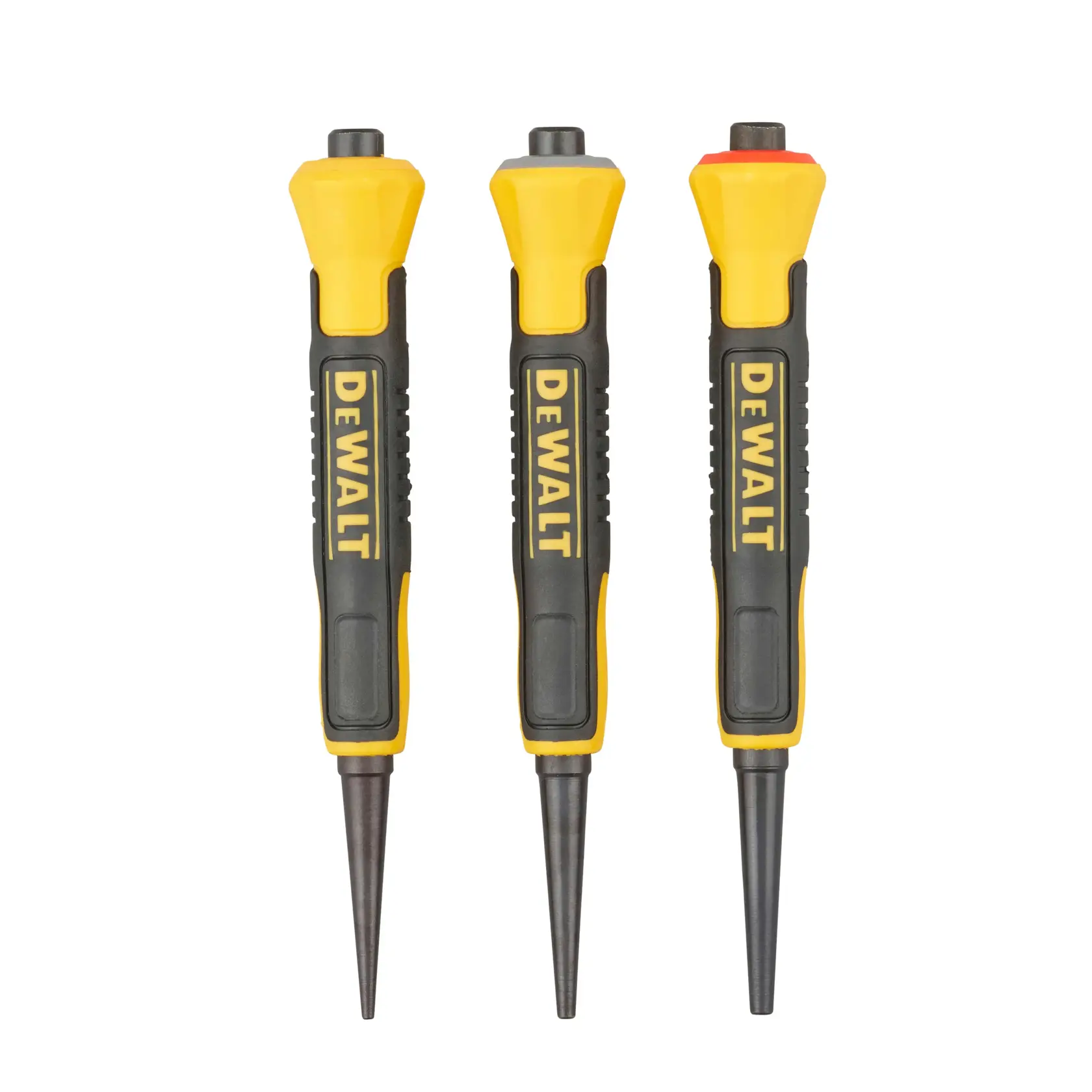 Three DEWALT branded steel center punches with yellow and black handles, each with a pointed tip and a different colored cap.