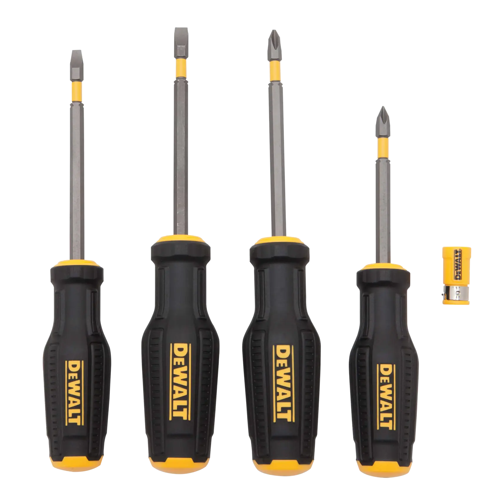 Set of four DEWALT screwdrivers with black and yellow handles arranged side by side, with two flathead and two Phillips head screwdrivers, and a small yellow DEWALT tool accessory placed to the right.