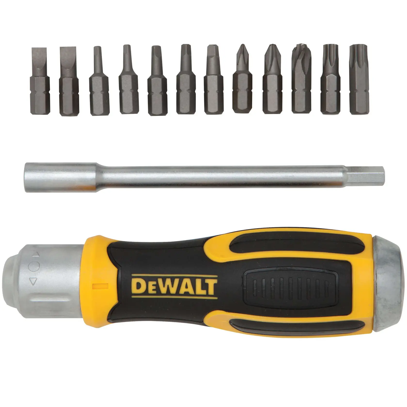 DEWALT screwdriver set with a black and yellow handle, one extension bar, and twelve interchangeable bits arranged above the handle.