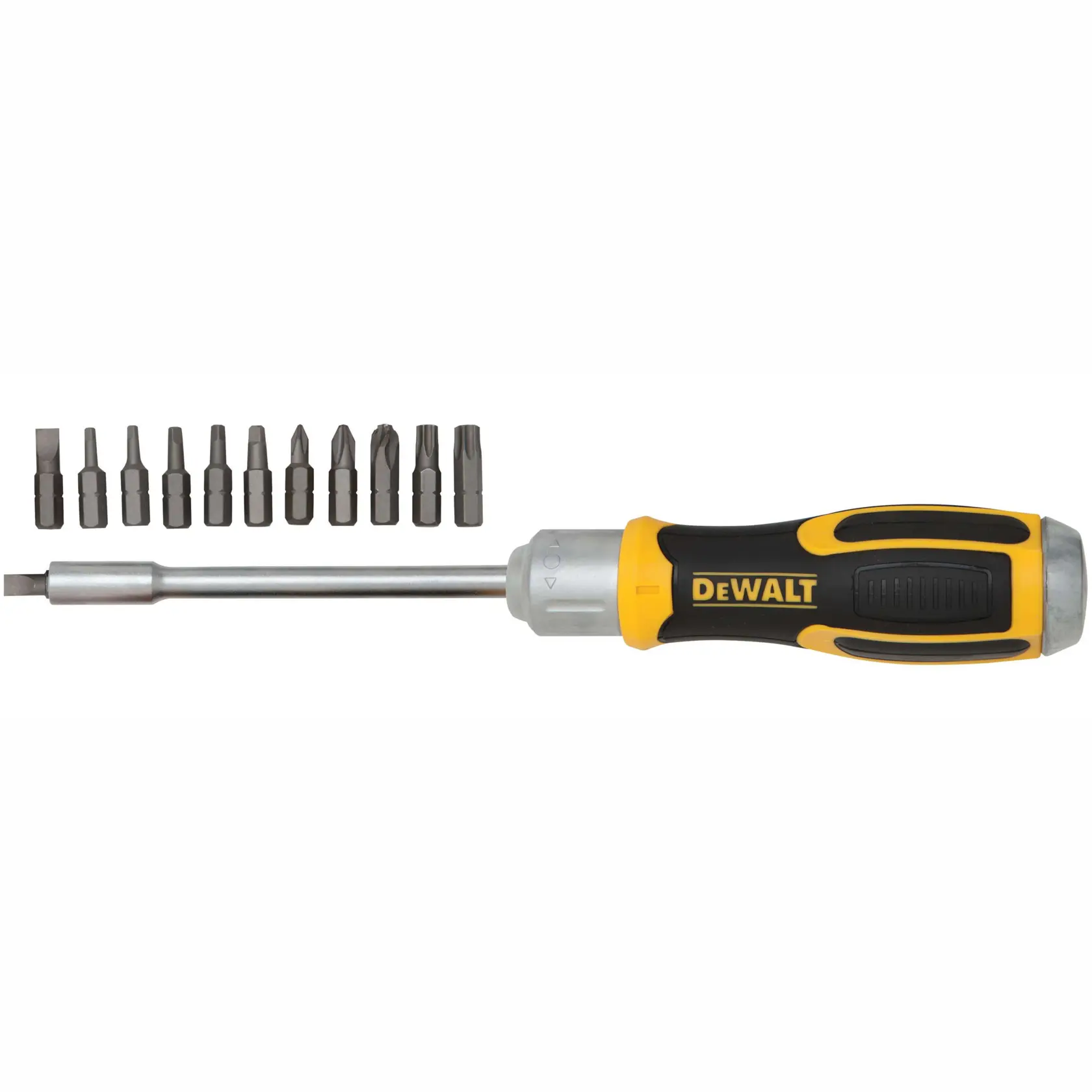 DEWALT screwdriver with interchangeable bits, featuring a black and yellow handle and twelve different bits displayed above the tool.