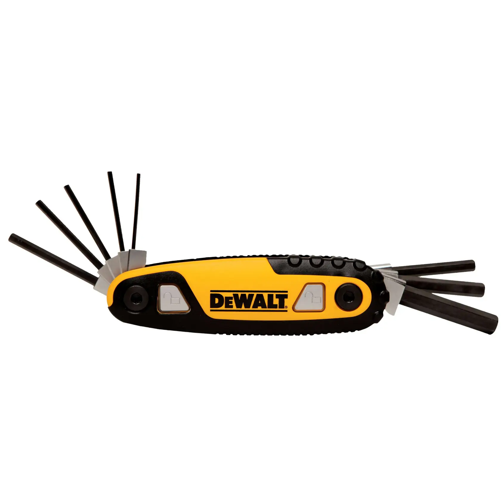 A DEWALT branded folding hex key set with multiple black hex keys extended from both sides of a yellow and black handle.