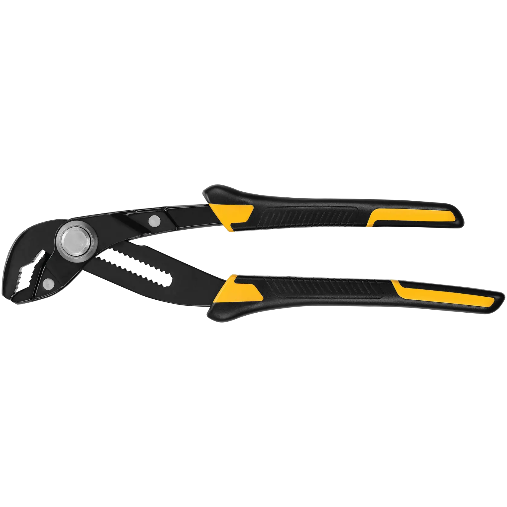 A pair of DEWALT adjustable groove joint pliers with black and yellow handles, designed for gripping and turning objects.