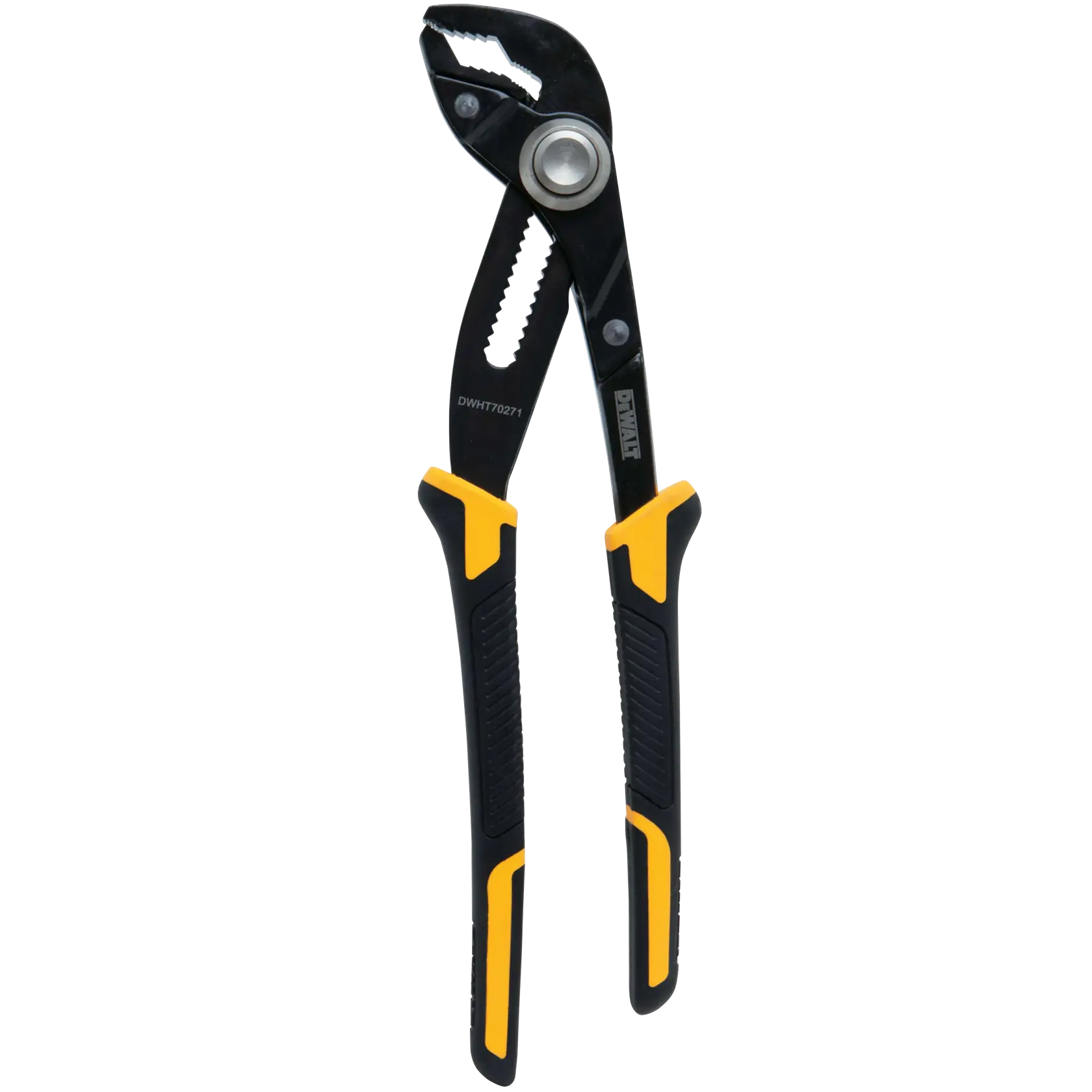 A DEWALT adjustable groove joint plier with black and yellow rubber handles, shown against a white background.