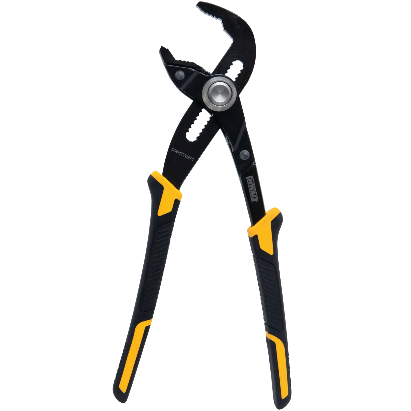 A pair of DEWALT groove joint pliers with black and yellow handles, shown against a white background.