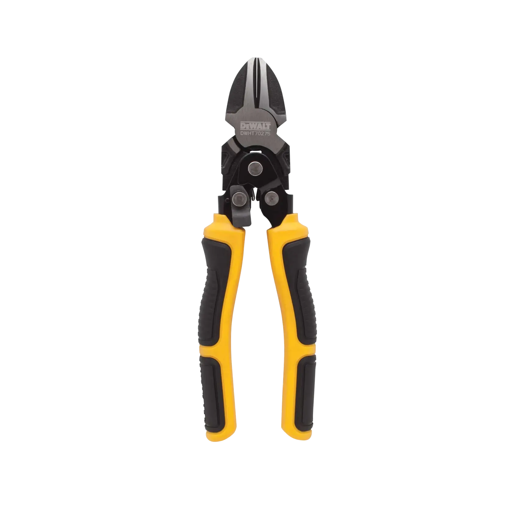 A pair of DEWALT DWHT70275 compound action diagonal pliers with black and yellow insulated handles, shown against a white background.