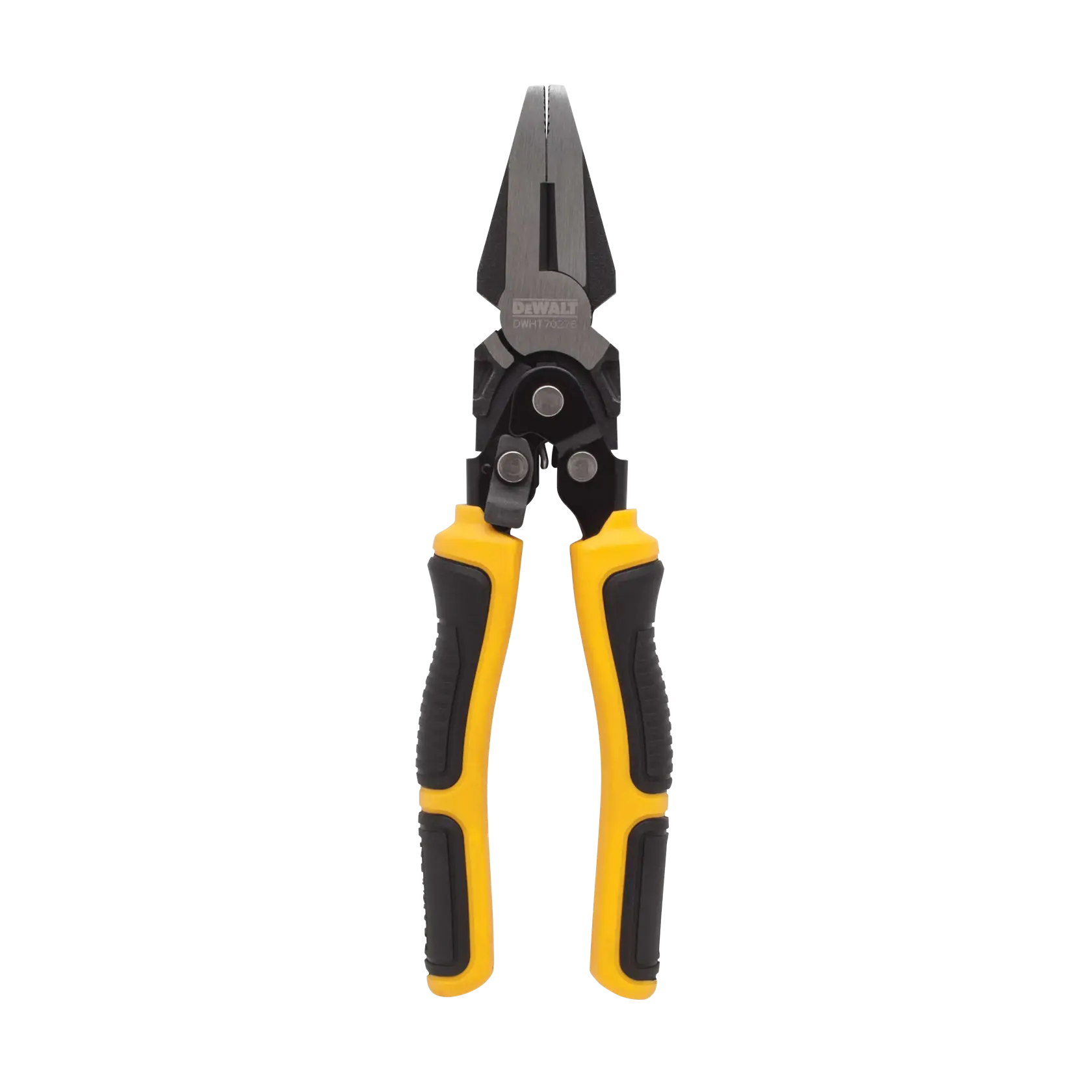 A pair of DEWALT DWHT70276 aviation snips with yellow and black handles, designed for cutting sheet metal.