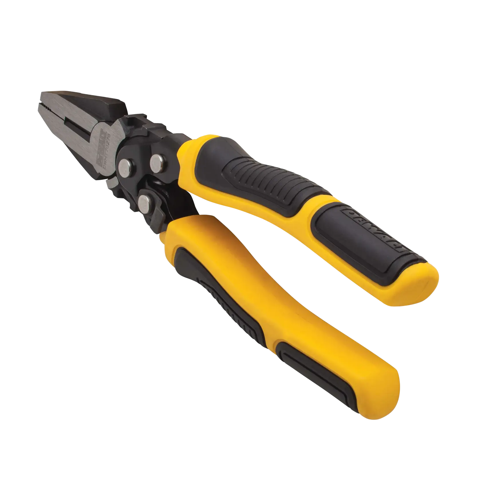 A pair of DEWALT pliers with yellow and black ergonomic handles, shown against a white background.
