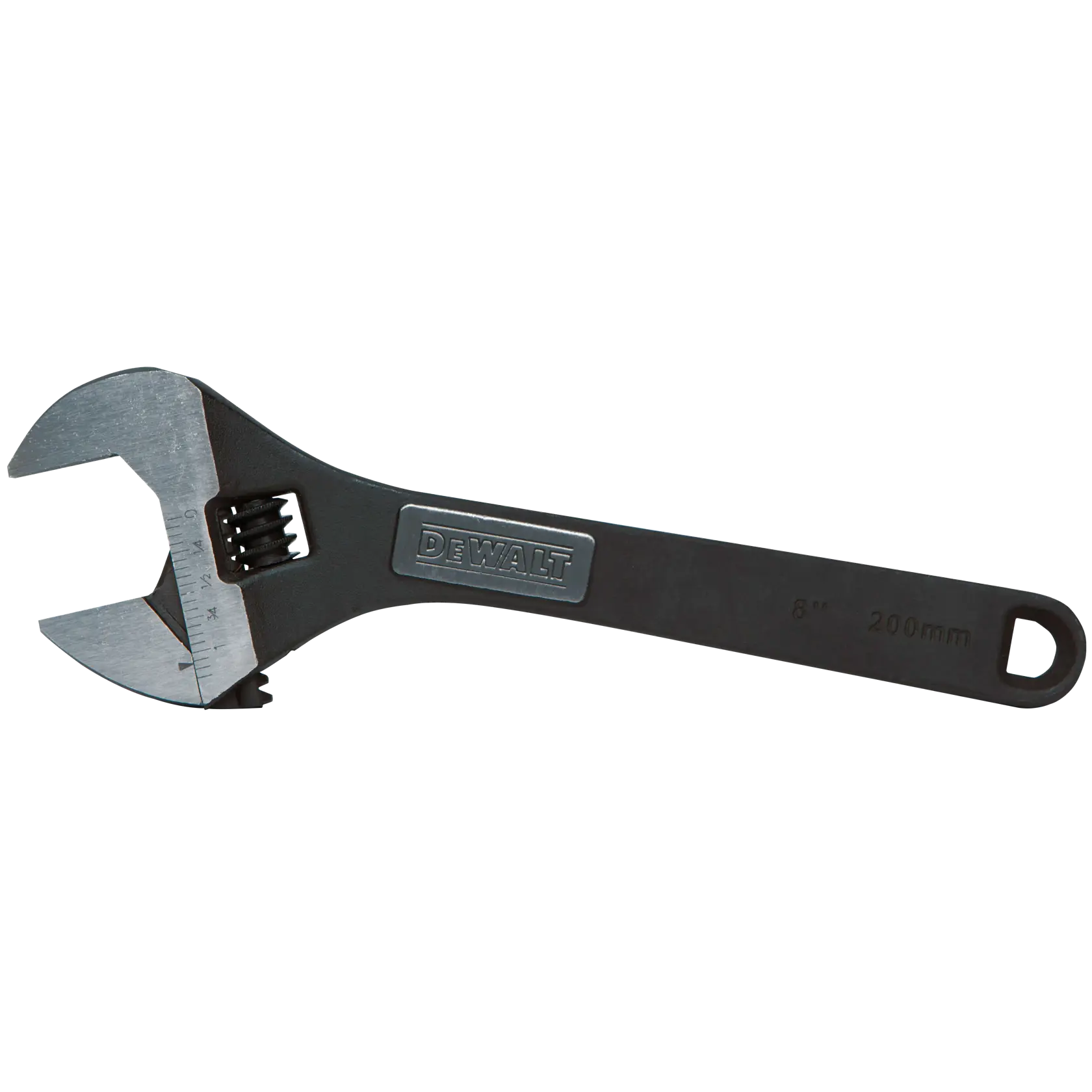 A DEWALT adjustable wrench with a black handle and metal jaw, marked with length 8 inches and 200mm.