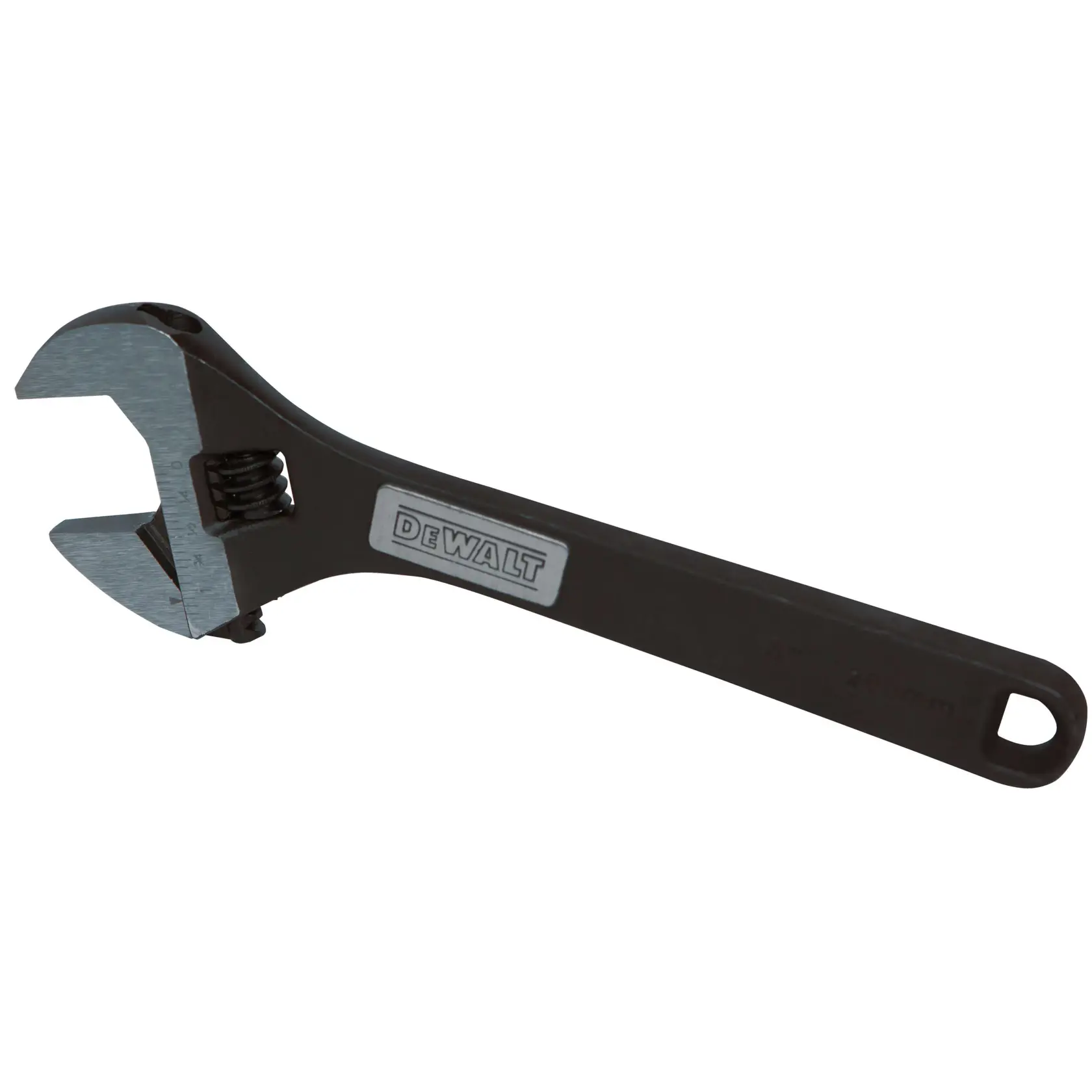 A DEWALT adjustable wrench with a black handle and metallic jaws, featuring the DEWALT logo on the handle.