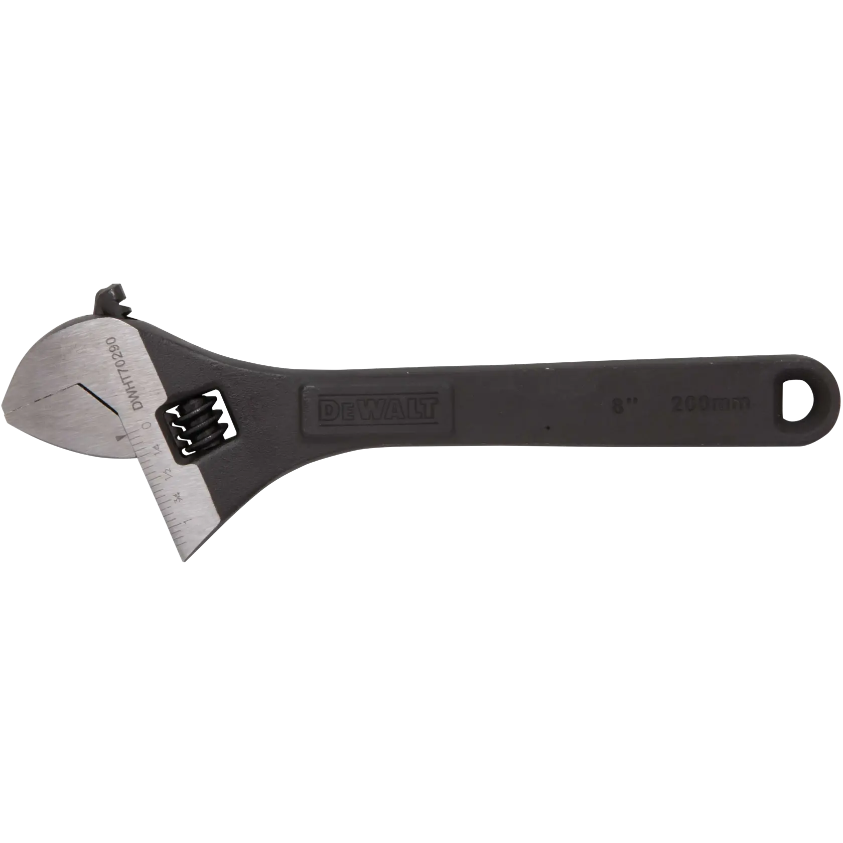 A DEWALT adjustable wrench with a black handle and metal jaw, measuring 8 inches (200mm).