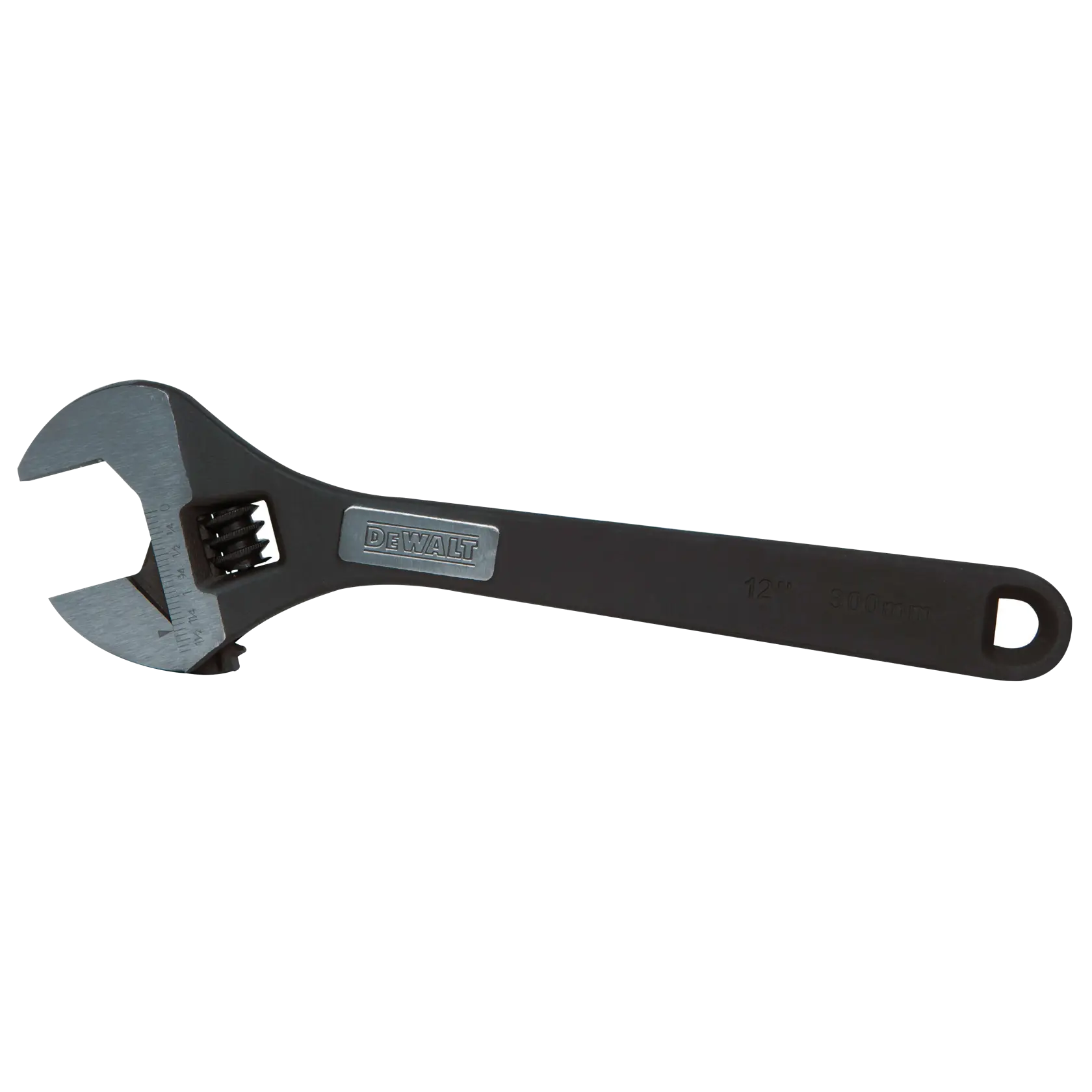 DEWALT adjustable wrench with black handle and silver jaw, 12 inch size, hole at handle end.