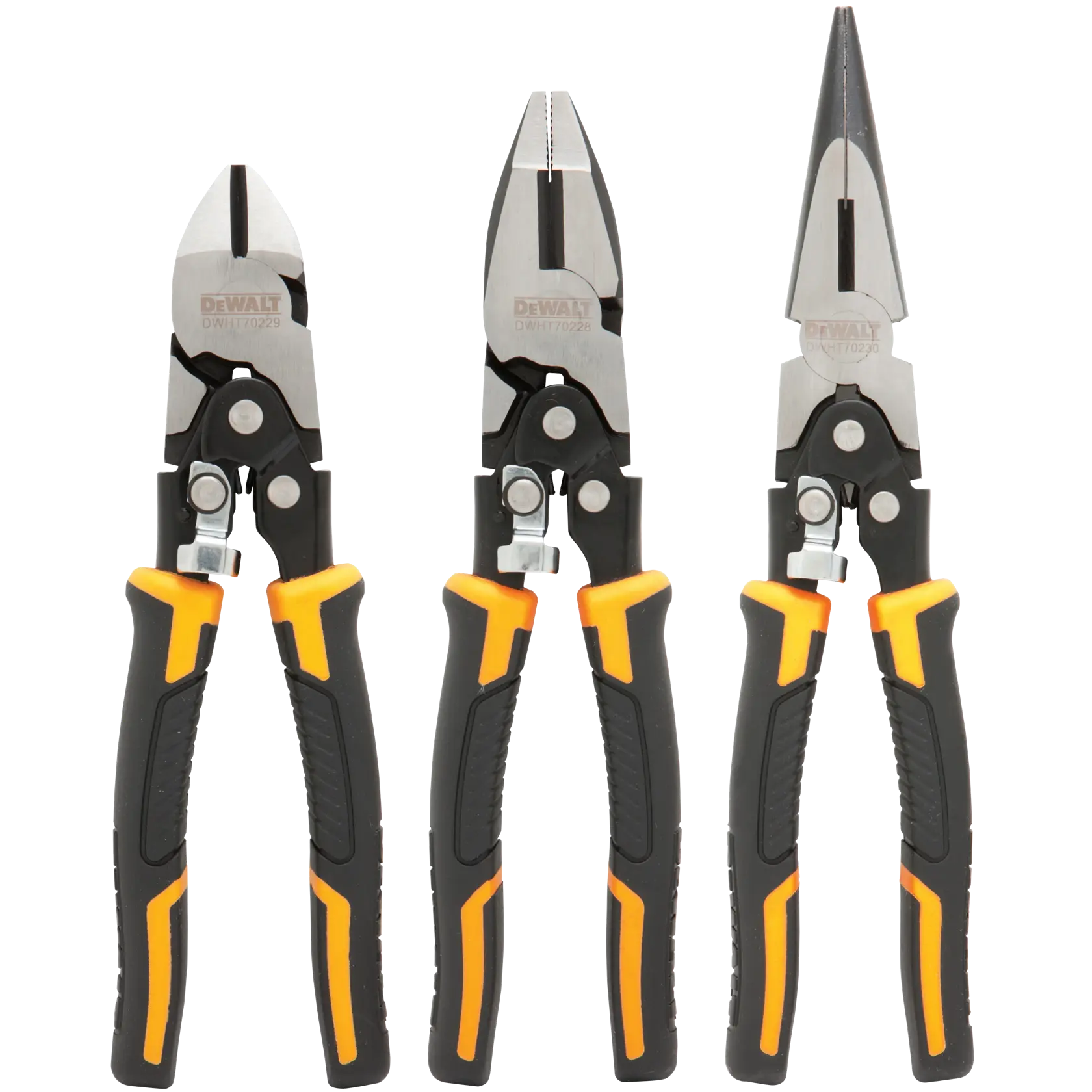 A set of three DEWALT pliers with black and yellow handles, positioned upright side by side. The set includes a diagonal cutting plier, a lineman’s plier, and a long nose plier.