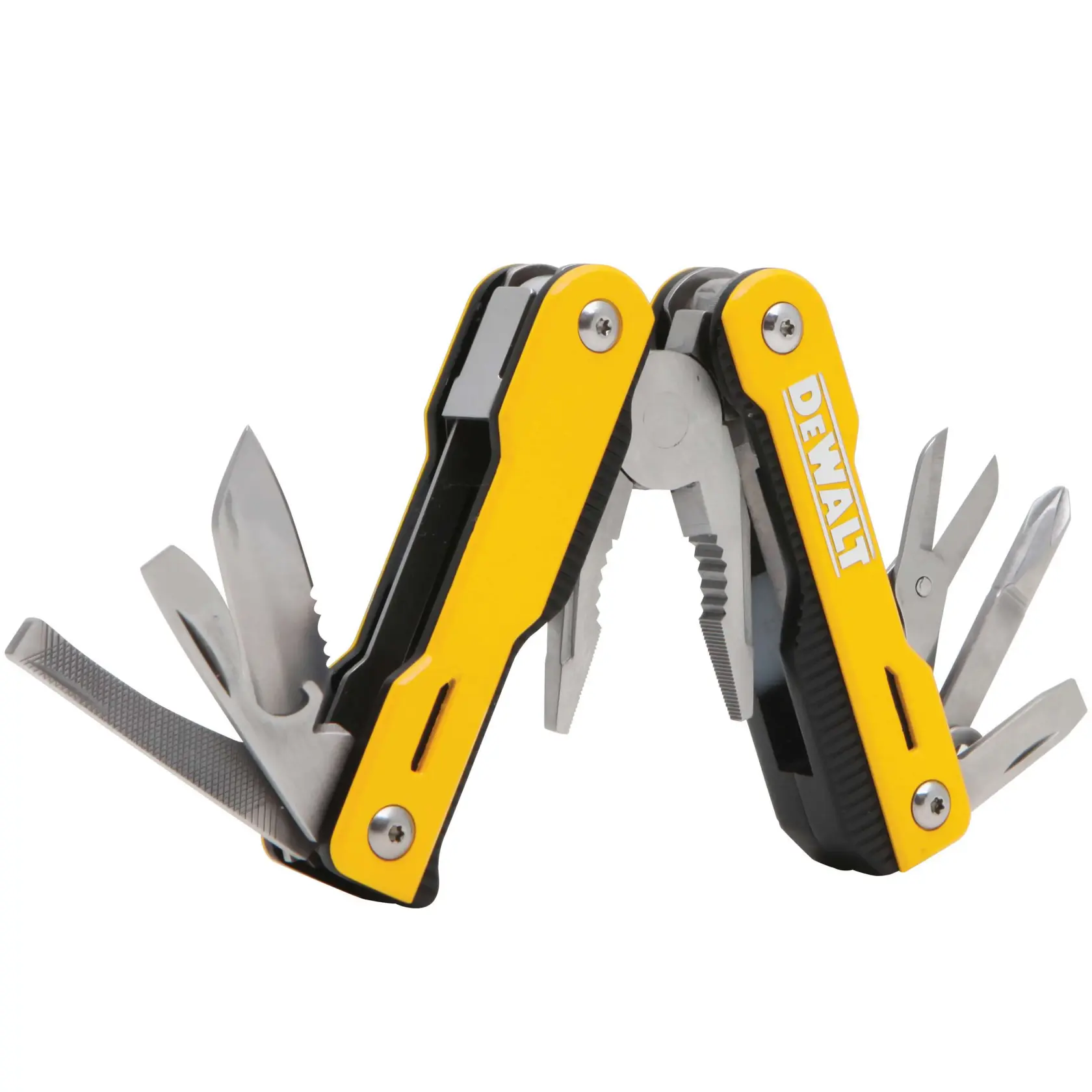 A DEWALT branded yellow and black multi-tool with various fold-out implements including pliers, knives, scissors, and files.