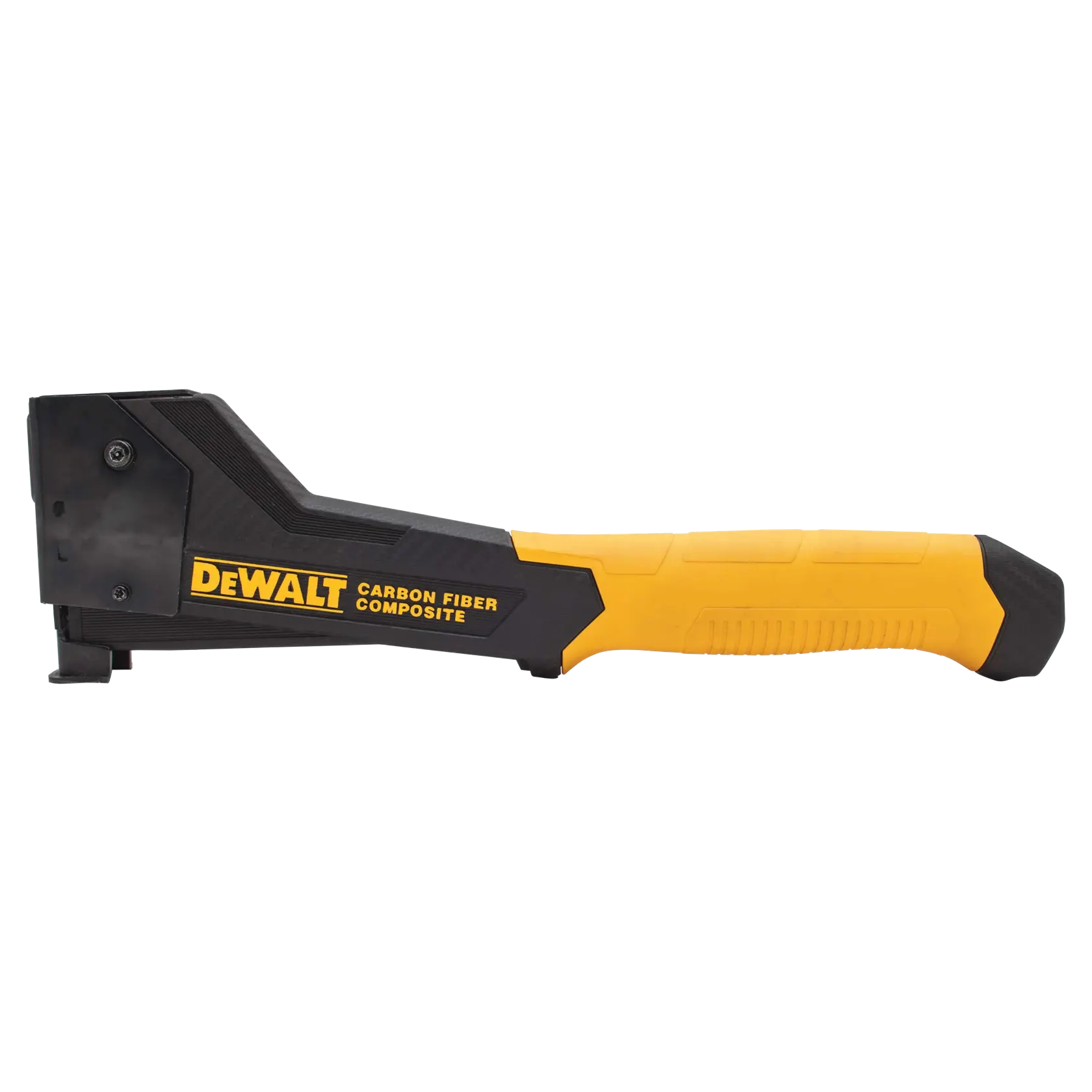 A DEWALT carbon fiber composite hammer tacker with a yellow and black handle, shown in a side view.