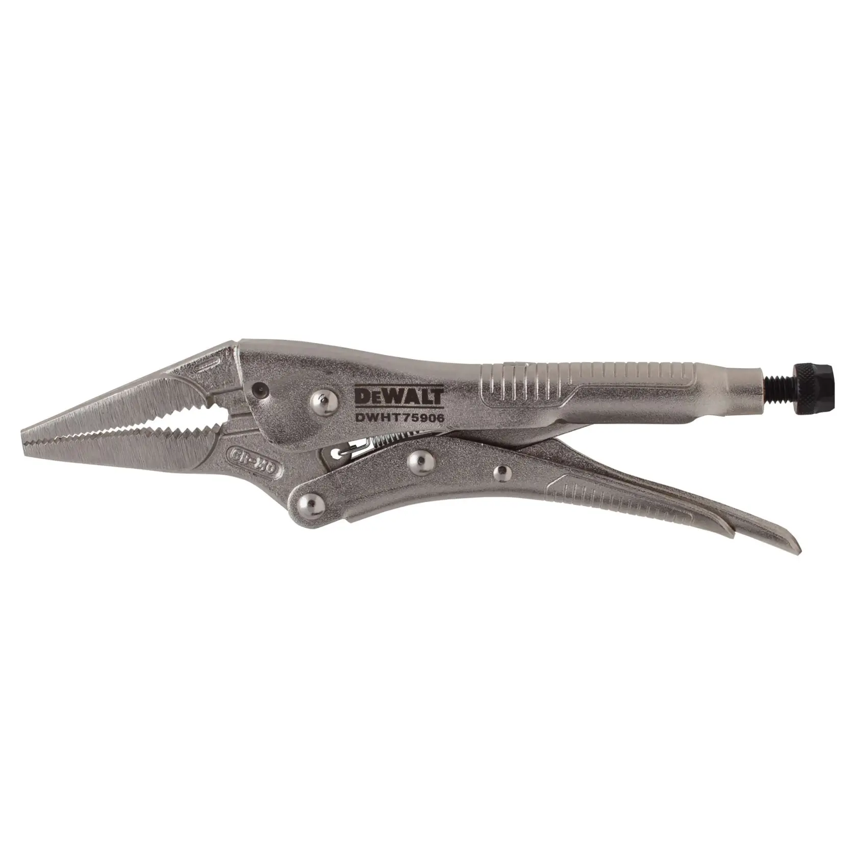 A DEWALT DWHT75906 long nose locking pliers made of metal, shown against a white background.