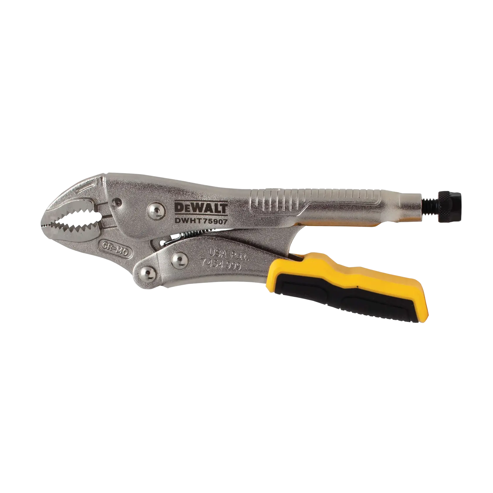 A DEWALT DWHT75907 locking pliers tool with a silver metallic body and a yellow and black handle, shown isolated on a white background.