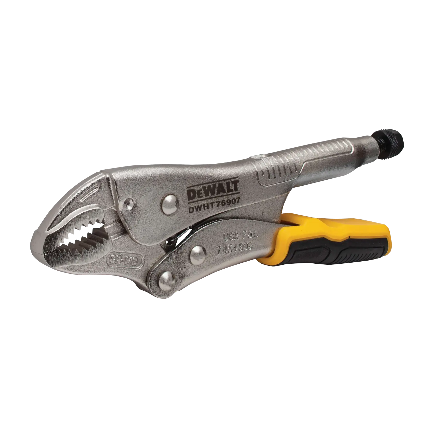 A DEWALT DWHT75907 locking pliers with a metallic body and a yellow and black grip handle. The jaws have serrated teeth for a strong hold.