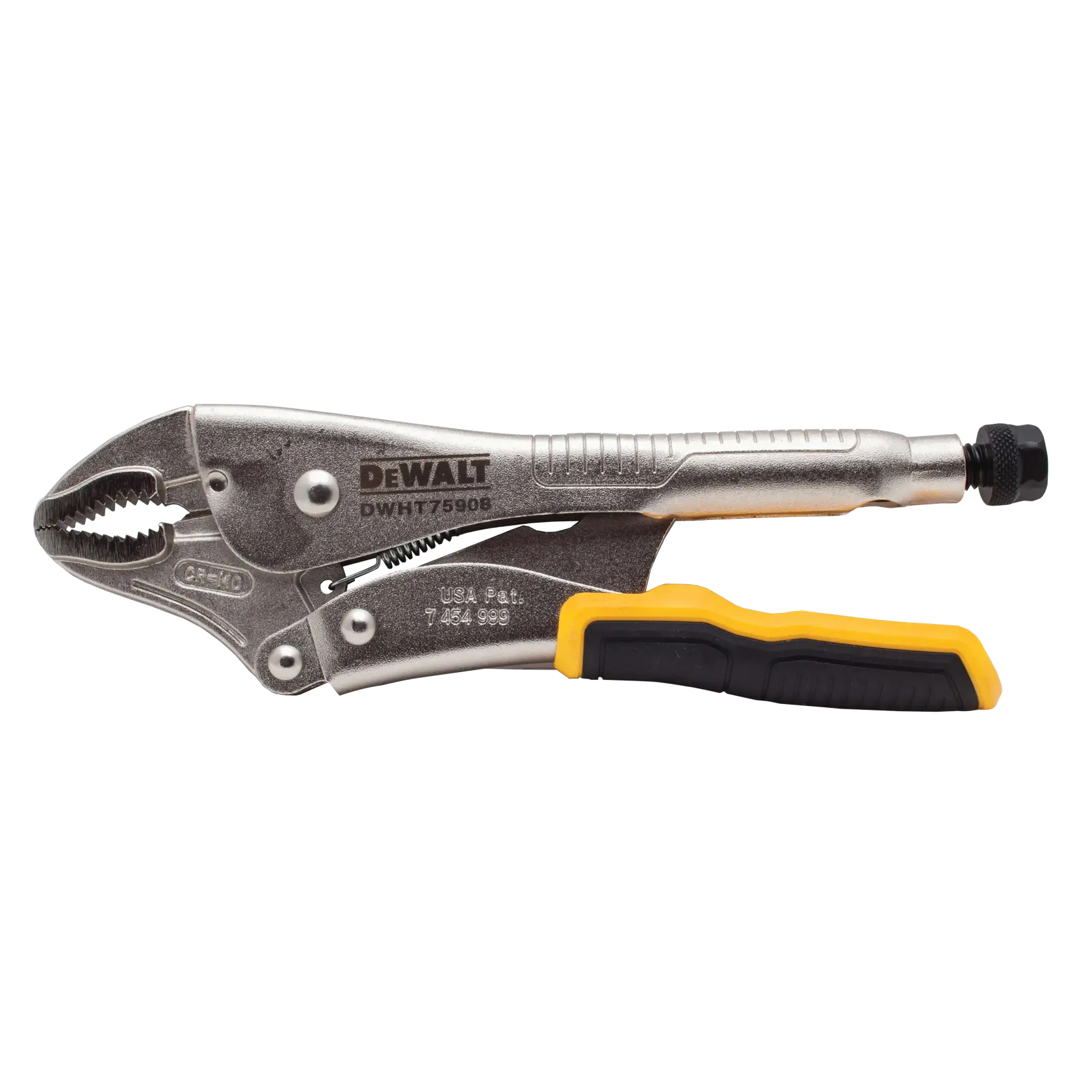 A DEWALT locking pliers tool, model DWHT75908, featuring a metallic body with a yellow and black rubber grip handle.