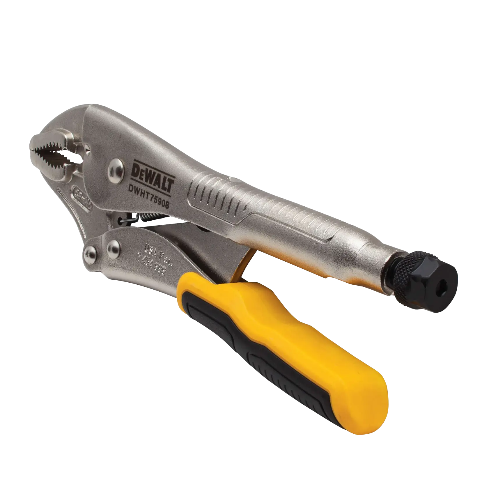 DEWALT locking pliers with a silver metal body and yellow and black rubber grip handle, SKU DWHT75908.