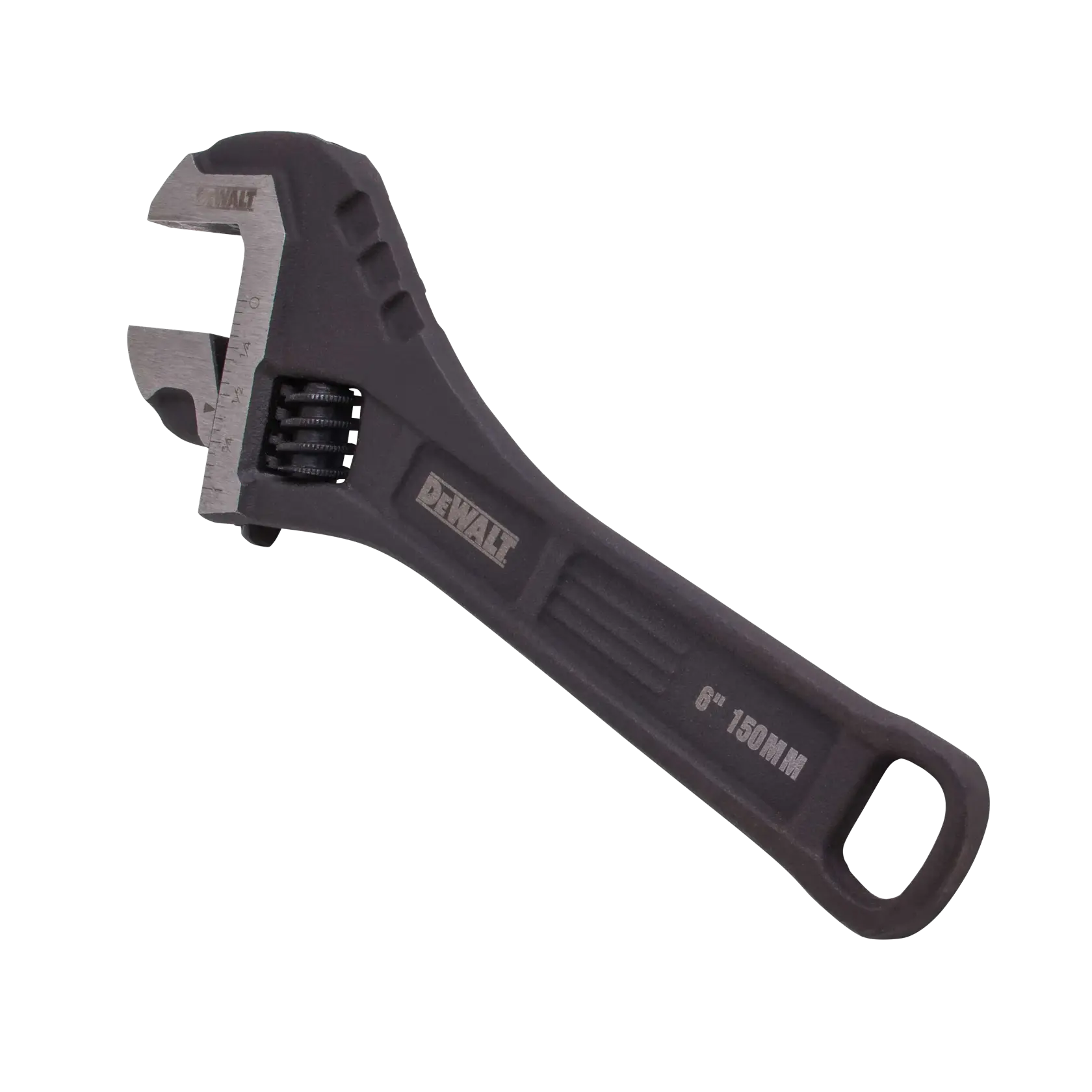 A DEWALT 8-inch adjustable wrench featuring a black handle and metal jaws, used for gripping and turning nuts and bolts.