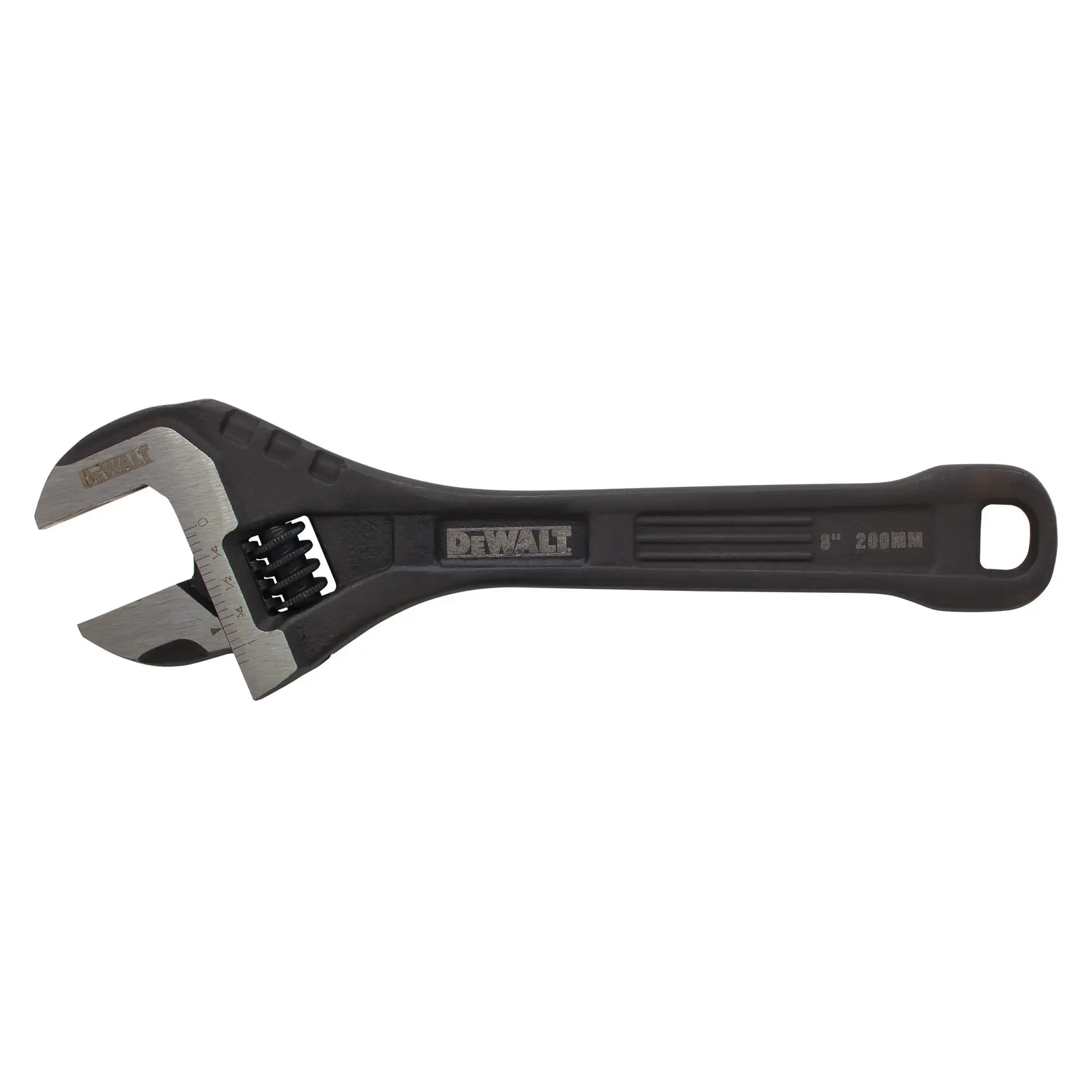 DEWALT adjustable wrench with a black handle and metal jaws, 8-inch size, shown against a white background.
