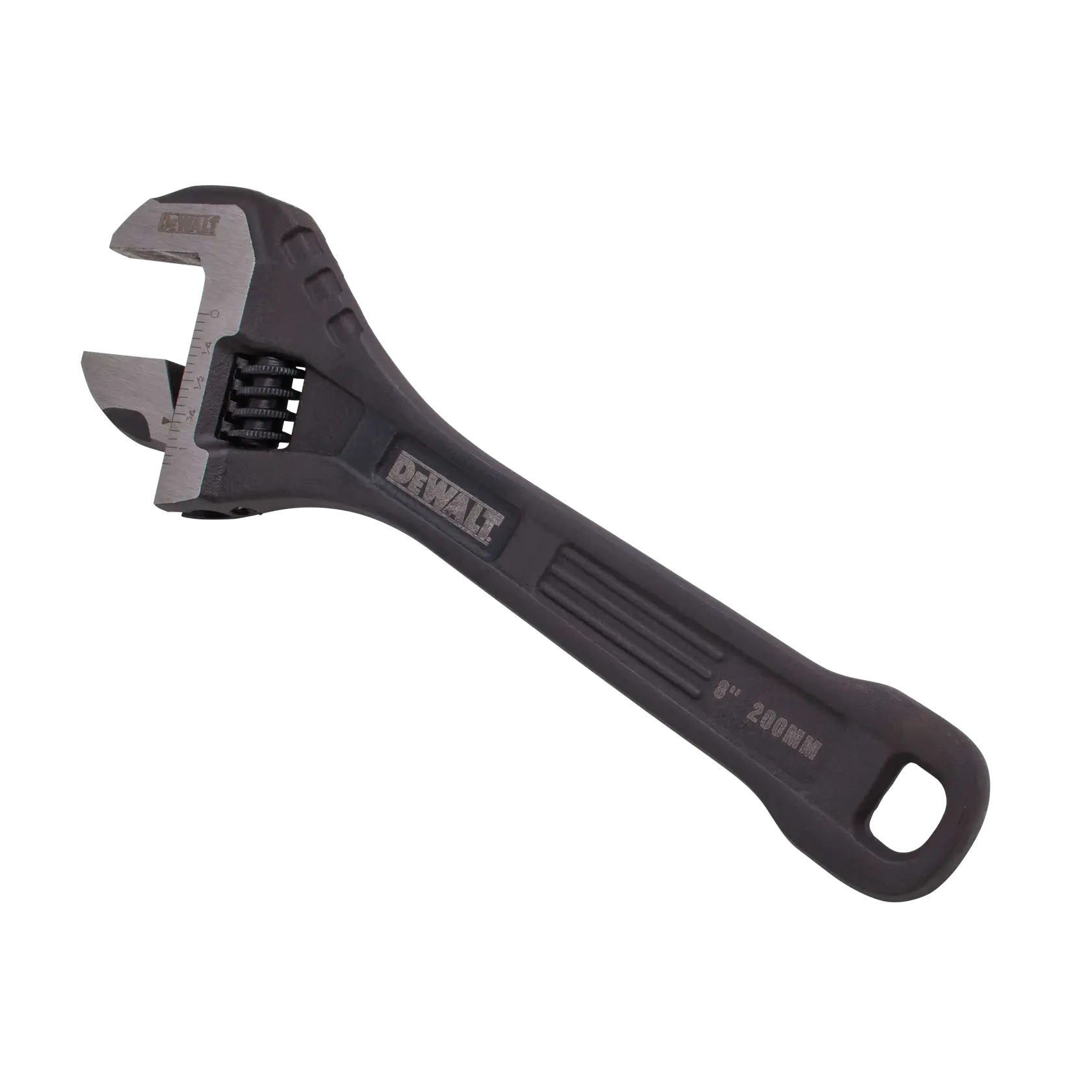 A DEWALT adjustable wrench with a black handle, featuring a metal movable jaw for tightening or loosening bolts. The DEWALT logo is visible on the handle.