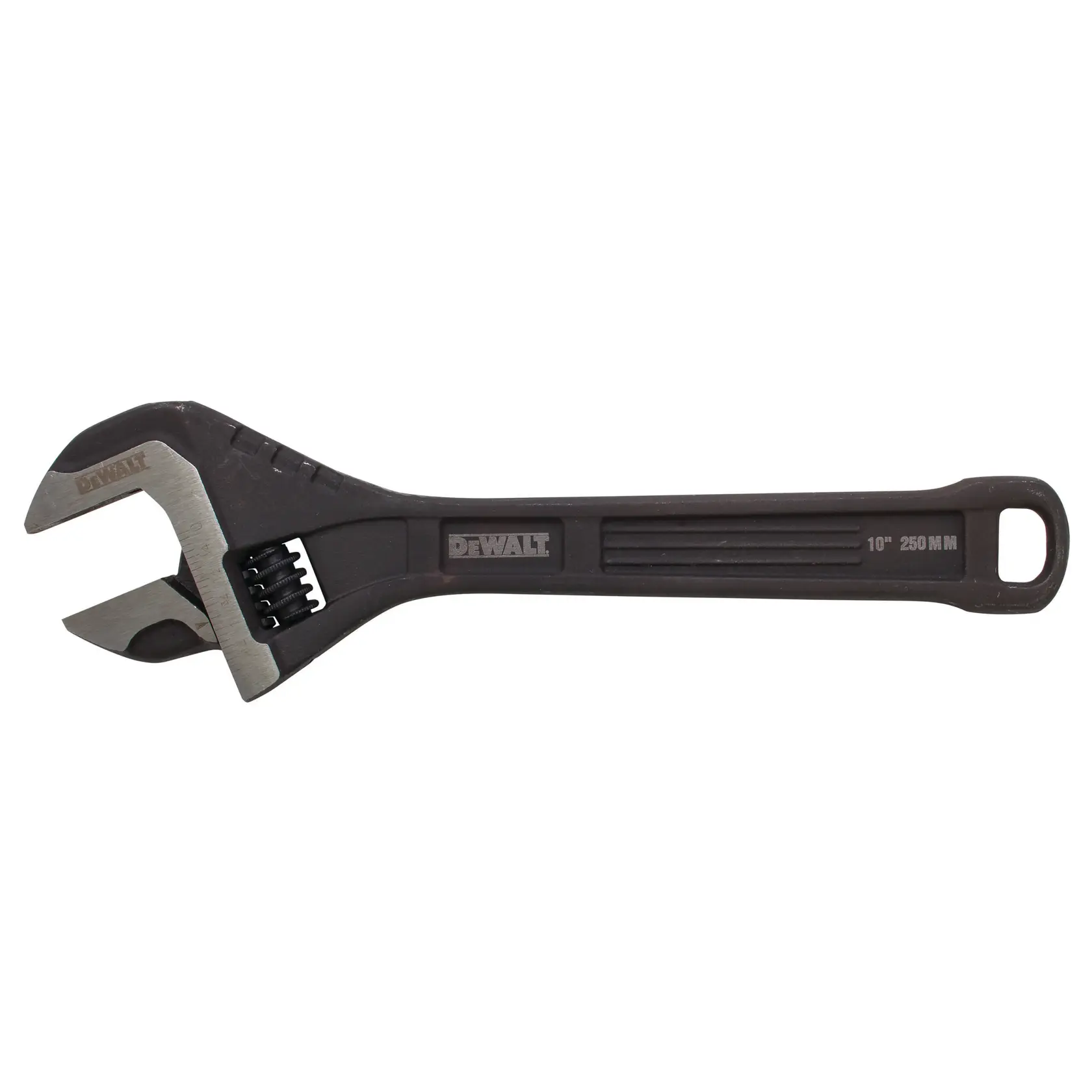 DEWALT adjustable wrench with black handle and metal jaw, measuring 10 inches or 250 mm.